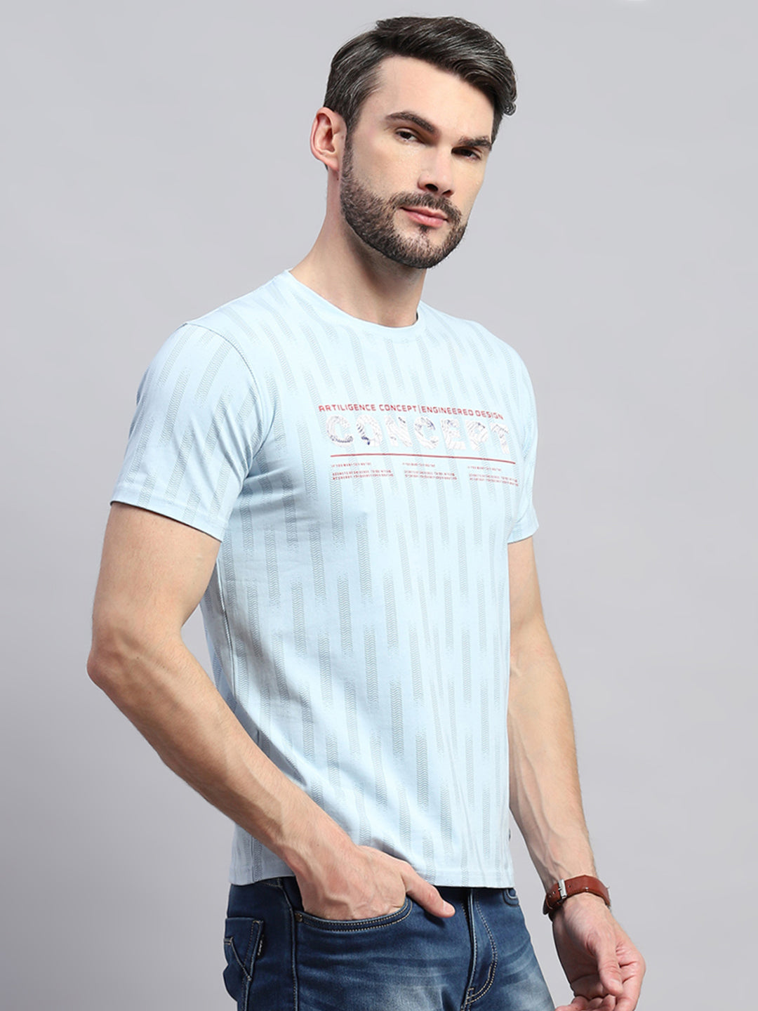 Men Blue Printed Round Neck Half Sleeve T-Shirt