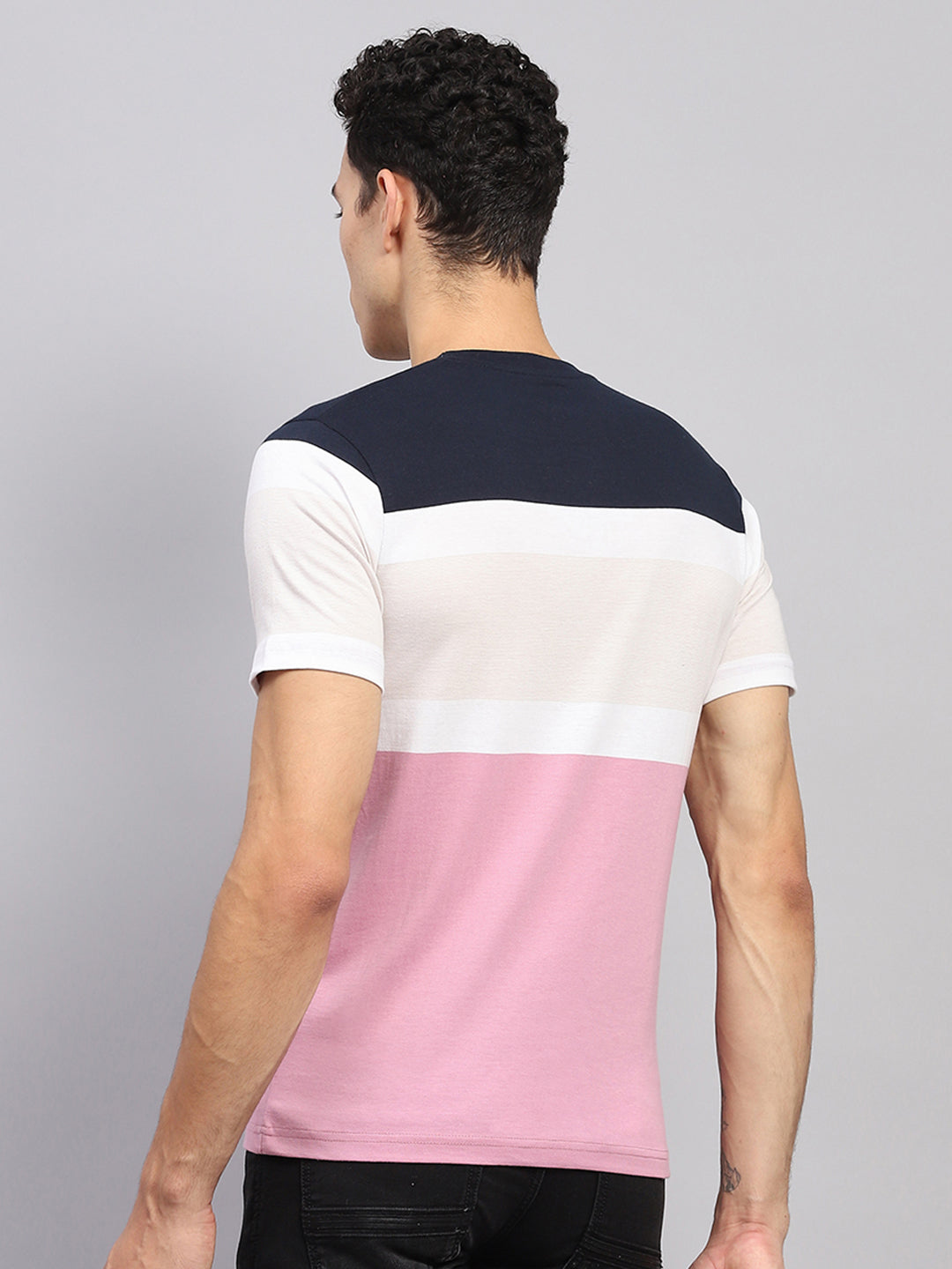 Men White & Pink Stripe Round Neck Half Sleeve T-Shirt