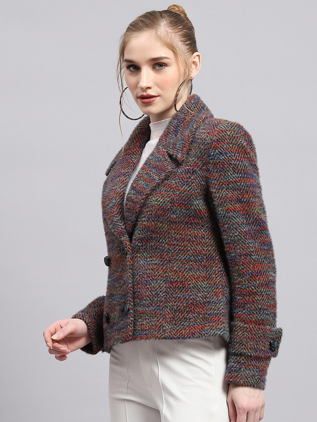 Women Multicolor Self Design Collar Full Sleeve Coat