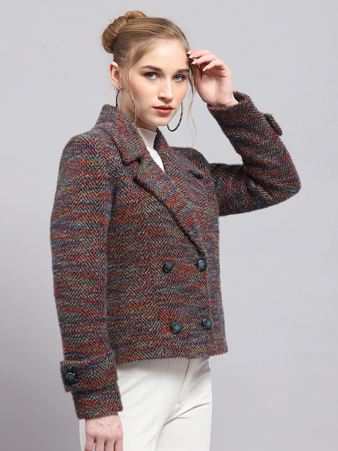 Women Multicolor Self Design Collar Full Sleeve Coat