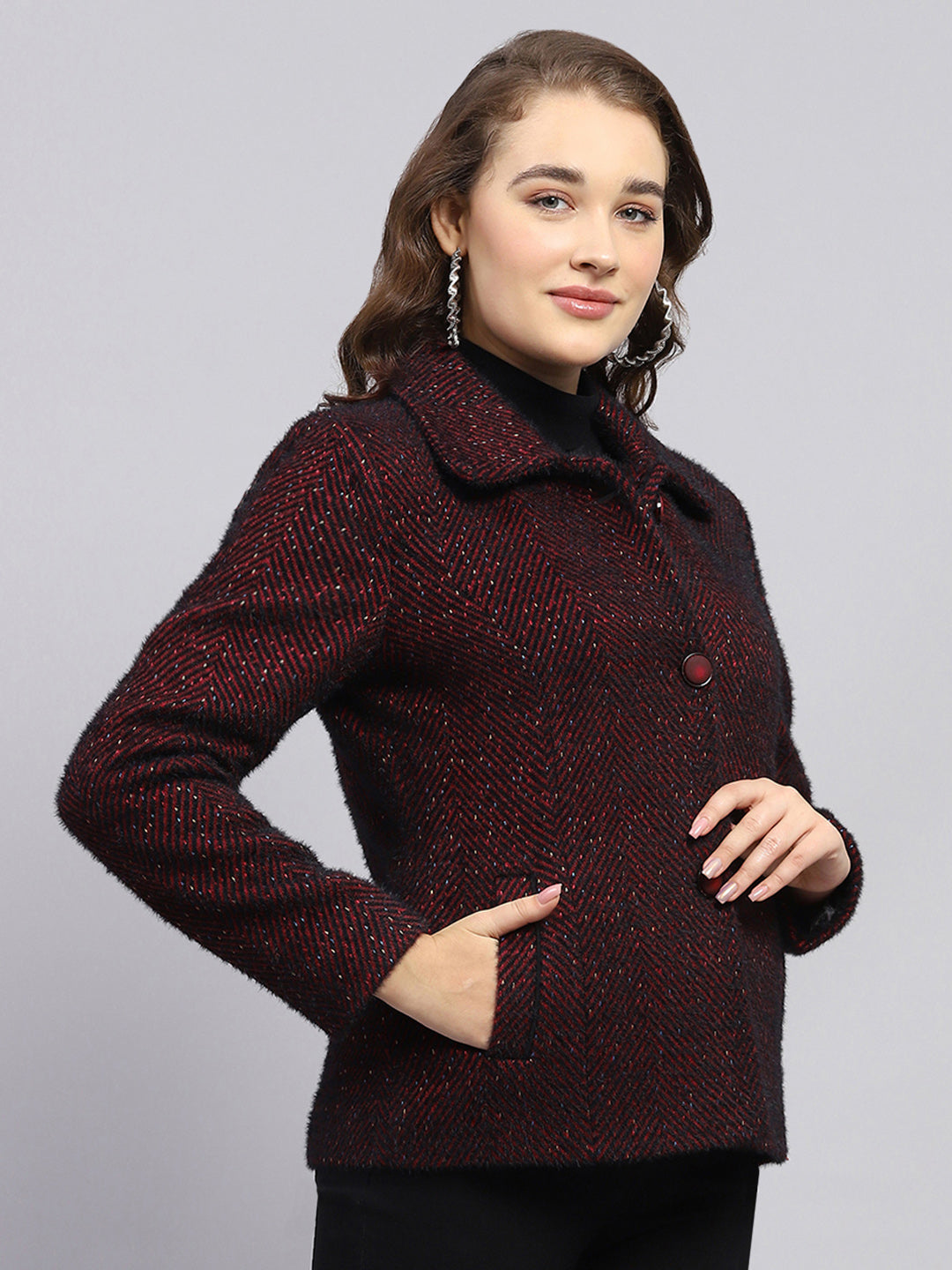 Women Maroon Self Design Collar Full Sleeve Coat