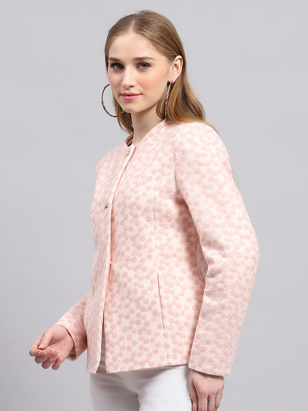 Women Pink Embroidered Round Neck Full Sleeve Coat