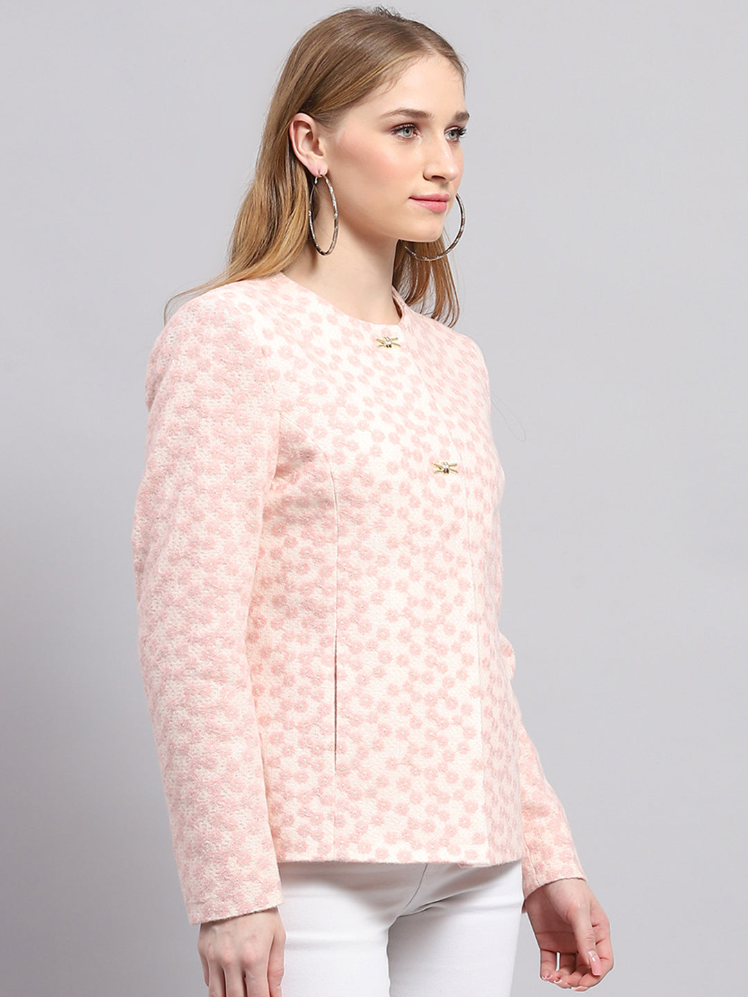 Women Pink Embroidered Round Neck Full Sleeve Coat