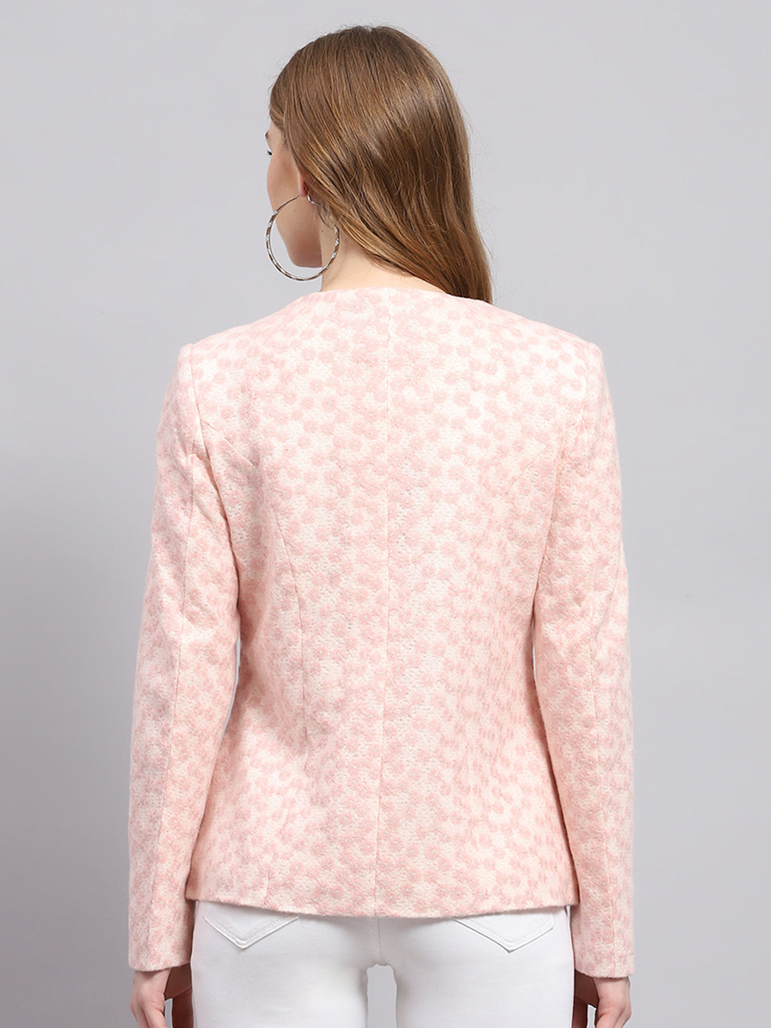 Women Pink Embroidered Round Neck Full Sleeve Coat