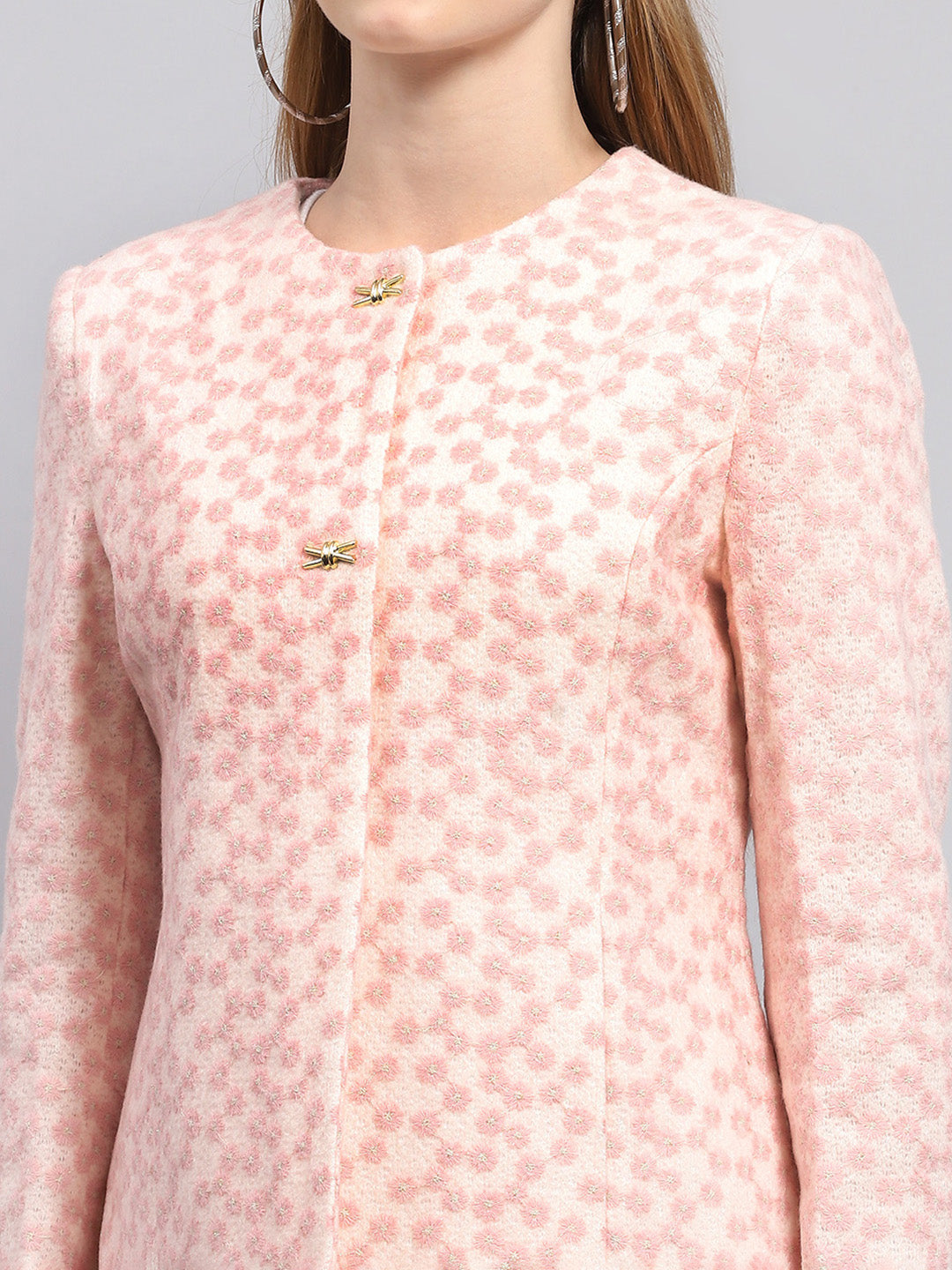 Women Pink Embroidered Round Neck Full Sleeve Coat