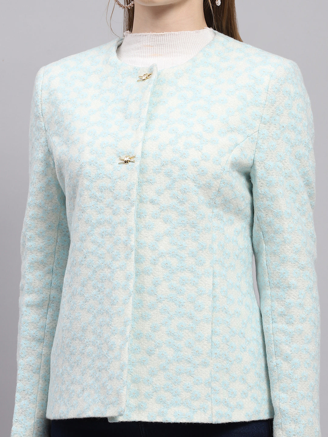 Women Blue Embroidered Round Neck Full Sleeve Coat