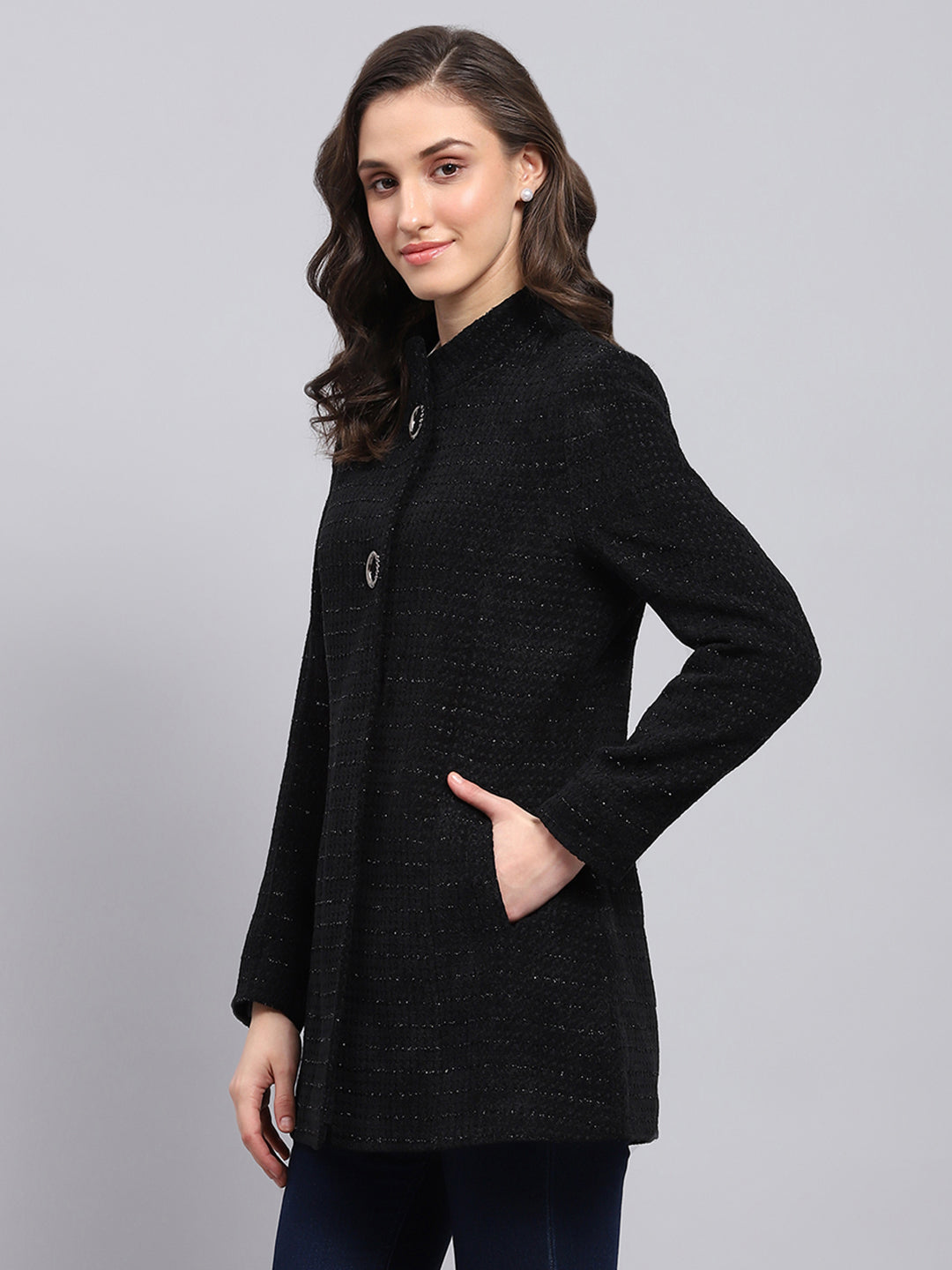 Women Black Self Design Round Neck Full Sleeve Coat