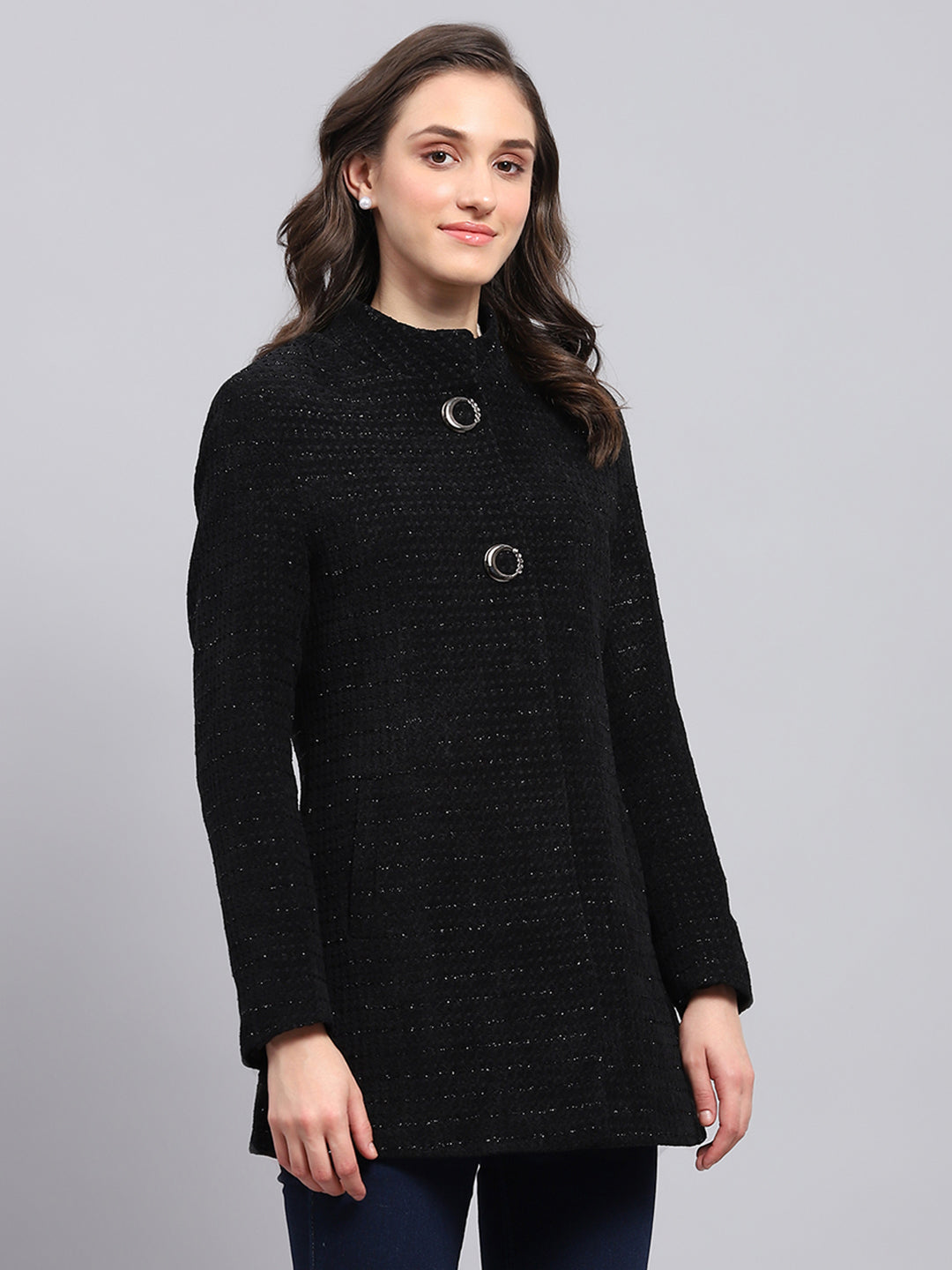 Women Black Self Design Round Neck Full Sleeve Coat