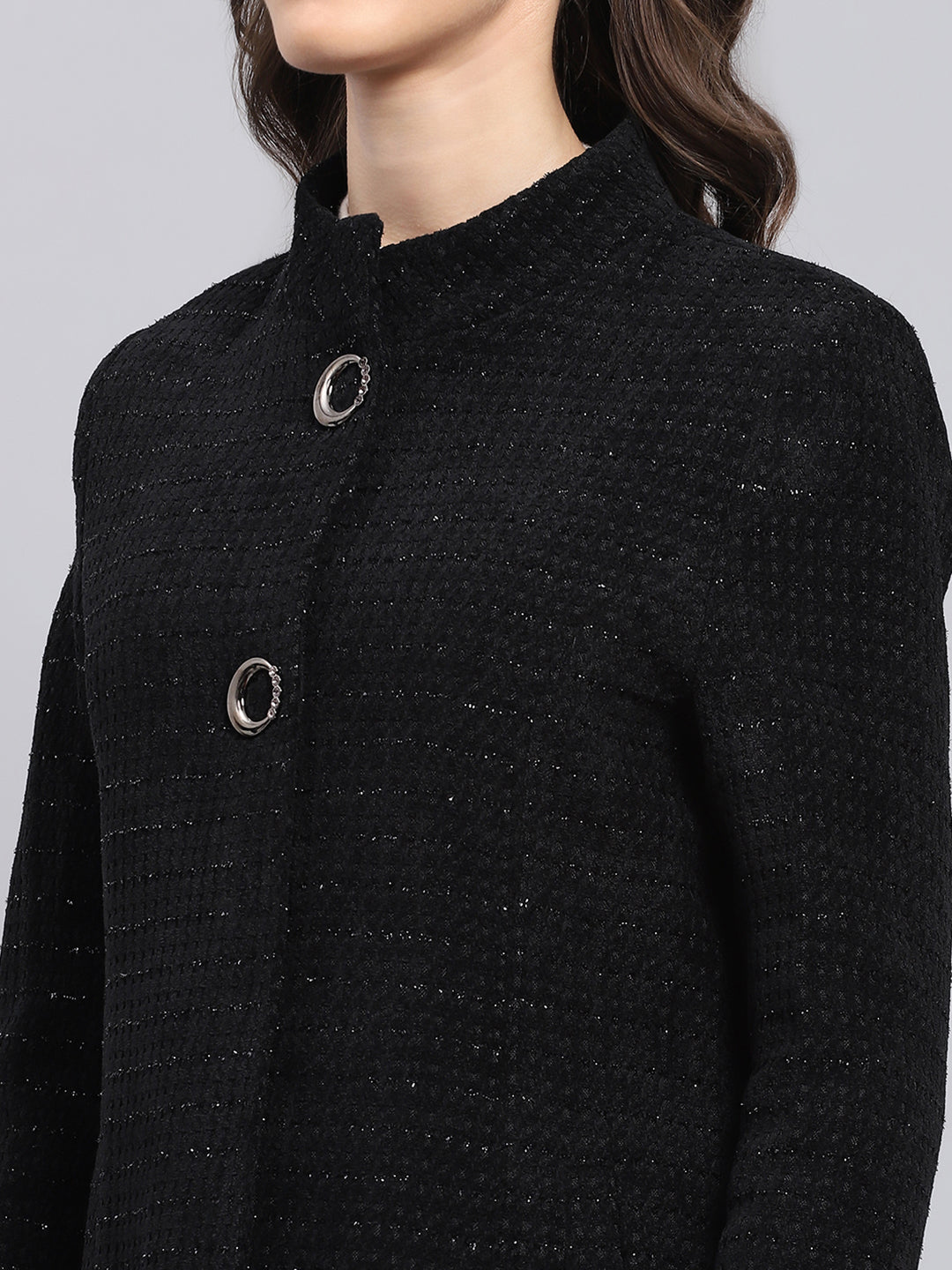 Women Black Self Design Round Neck Full Sleeve Coat