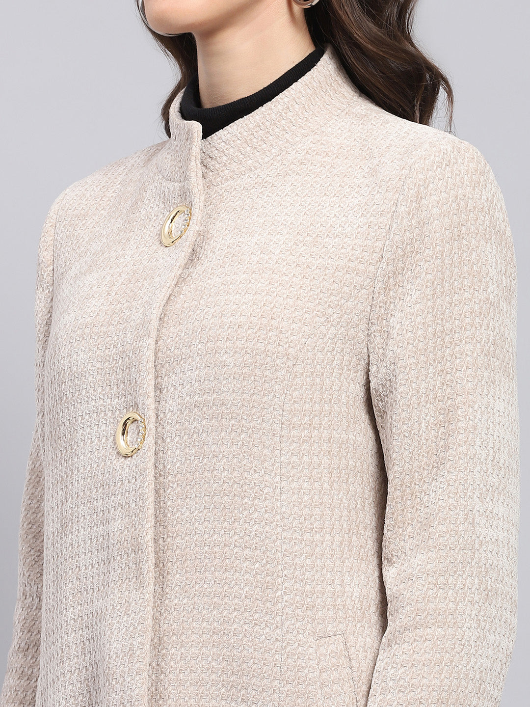 Women Beige Self Design Round Neck Full Sleeve Coat