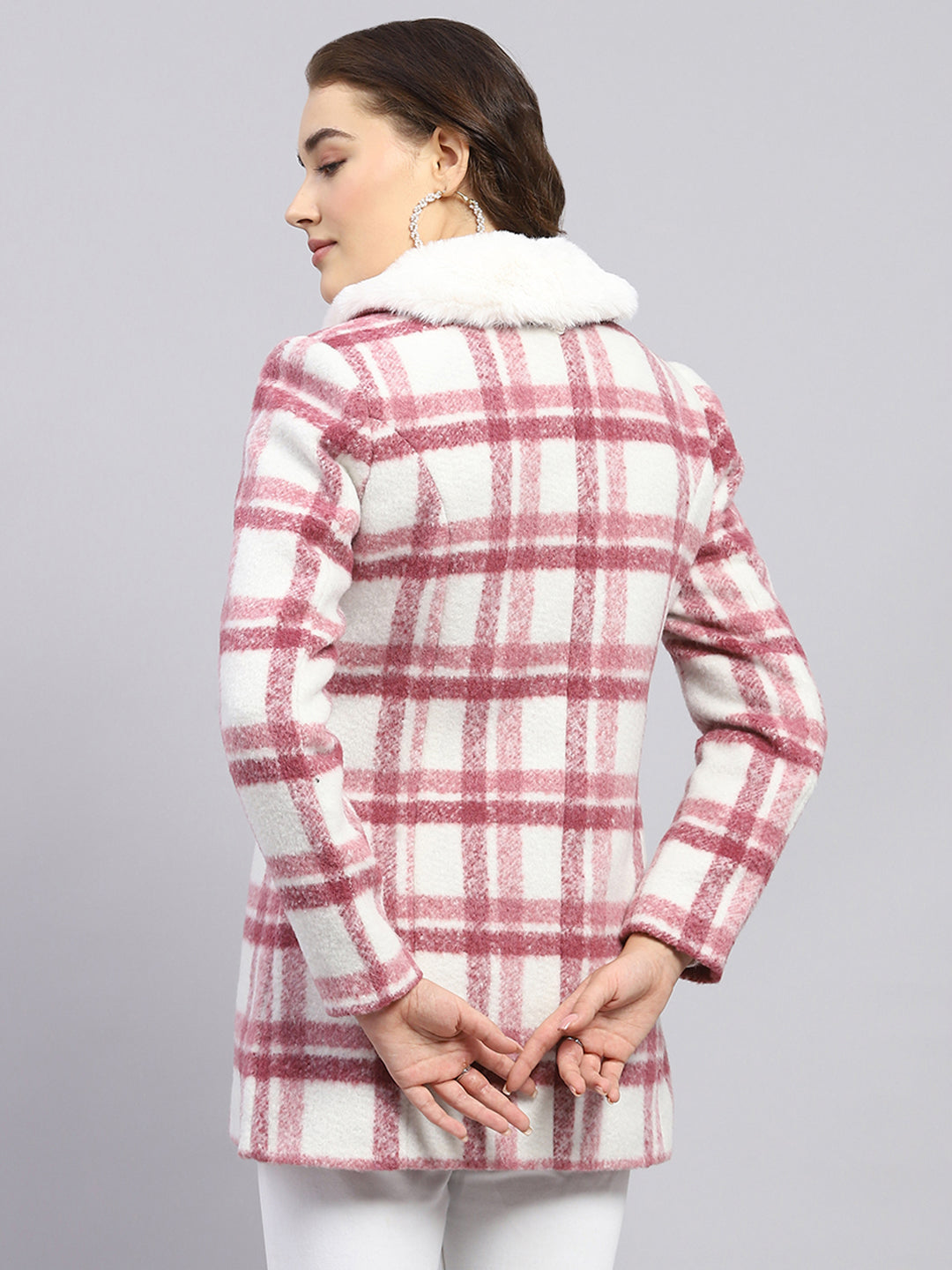 Women Pink Check Collar Full Sleeve Coat