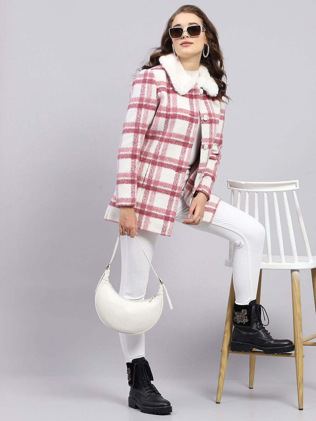 Women Pink Check Collar Full Sleeve Coat