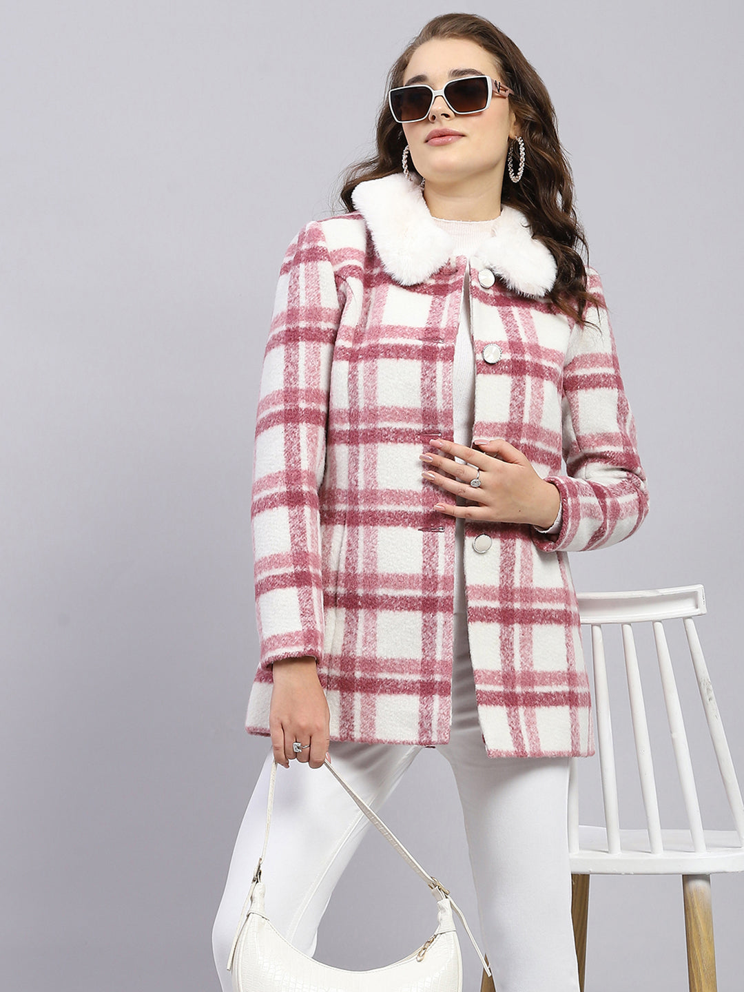 Women Pink Check Collar Full Sleeve Coat