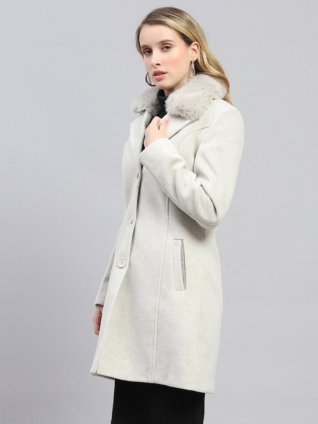 Women Grey Solid Collar Full Sleeve Coat