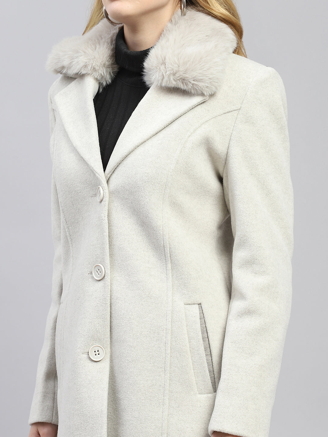 Women Grey Solid Collar Full Sleeve Coat