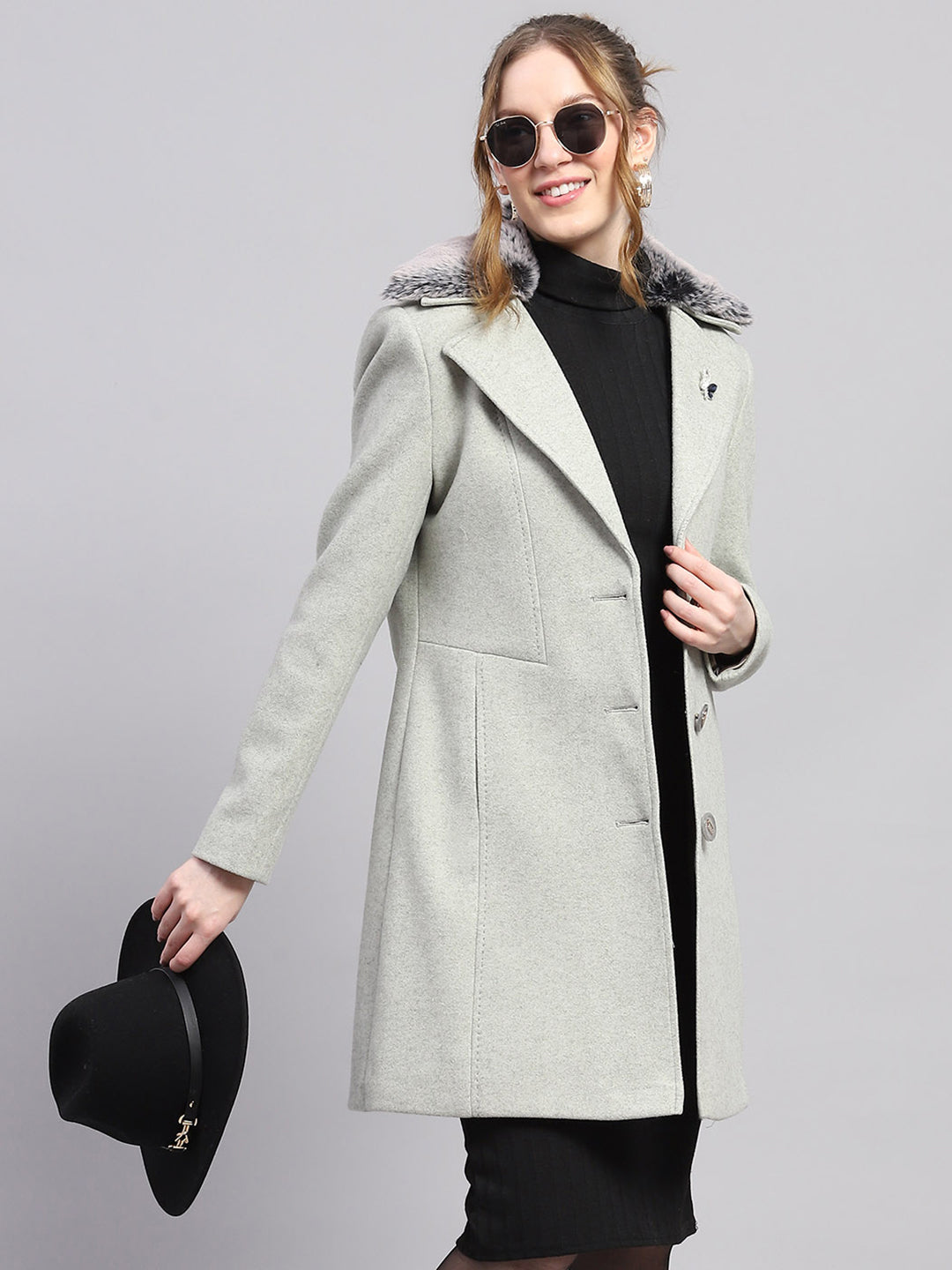 Women Grey Solid Notch lapel Collar Full Sleeve Coat