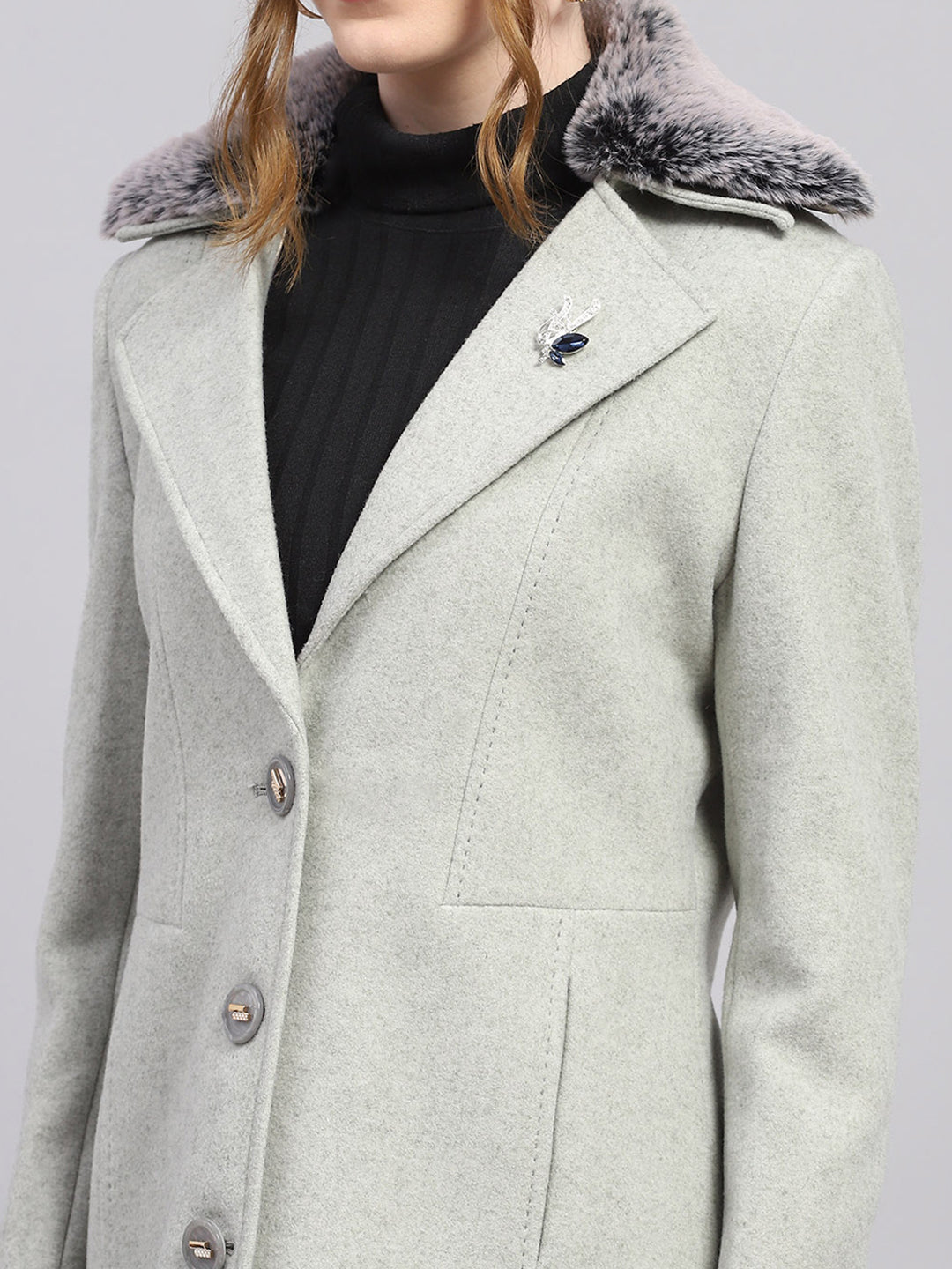 Women Grey Solid Notch lapel Collar Full Sleeve Coat