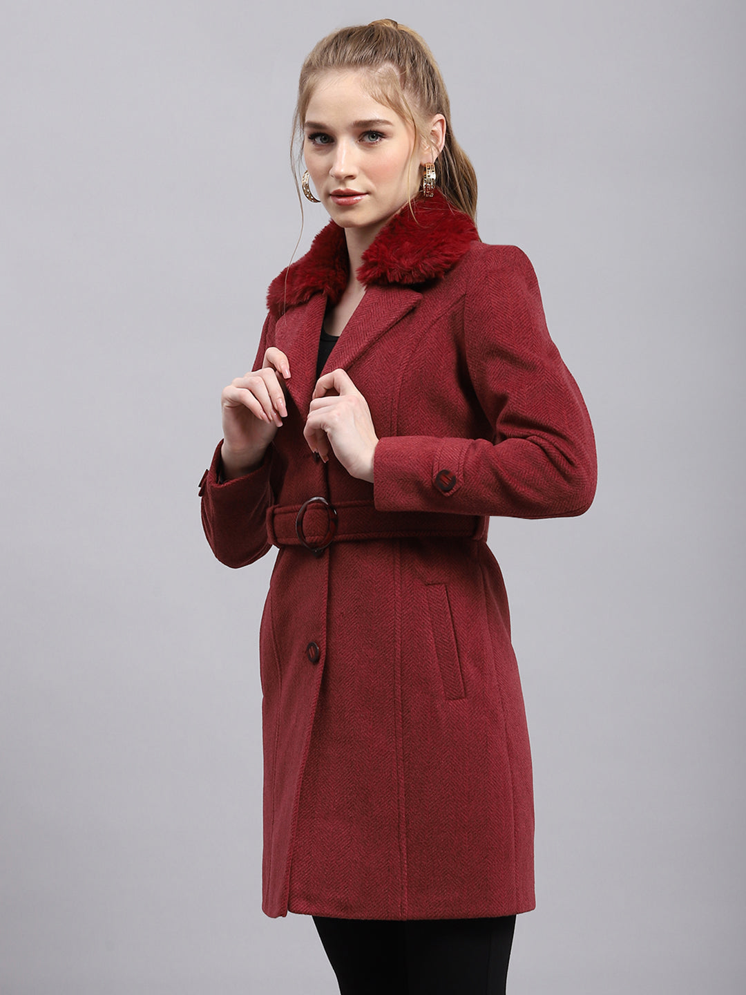 Women Maroon Self Design Collar Full Sleeve Coat