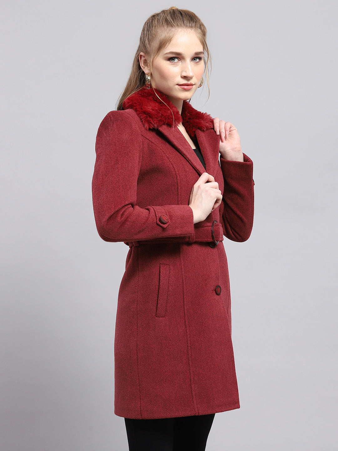 Women Maroon Self Design Collar Full Sleeve Coat