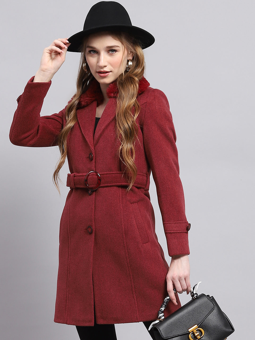 Women Maroon Self Design Collar Full Sleeve Coat