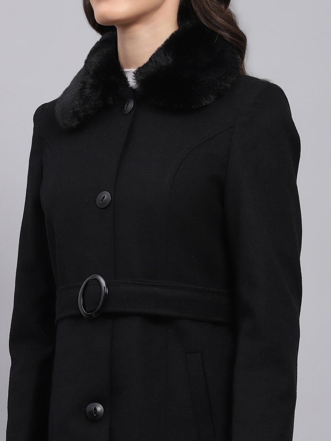 Women Black Solid Collar Full Sleeve Coat