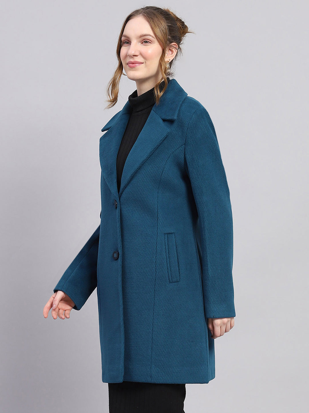 Women Teal Blue Self Design Notch lapel Collar Full Sleeve Coat