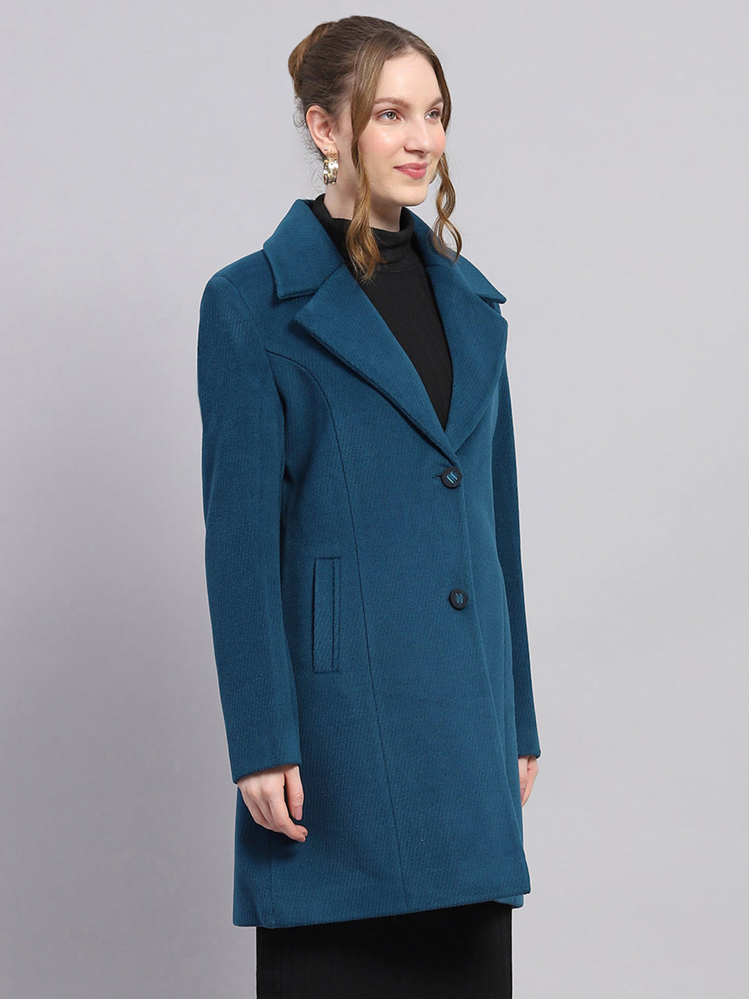 Women Teal Blue Self Design Notch lapel Collar Full Sleeve Coat