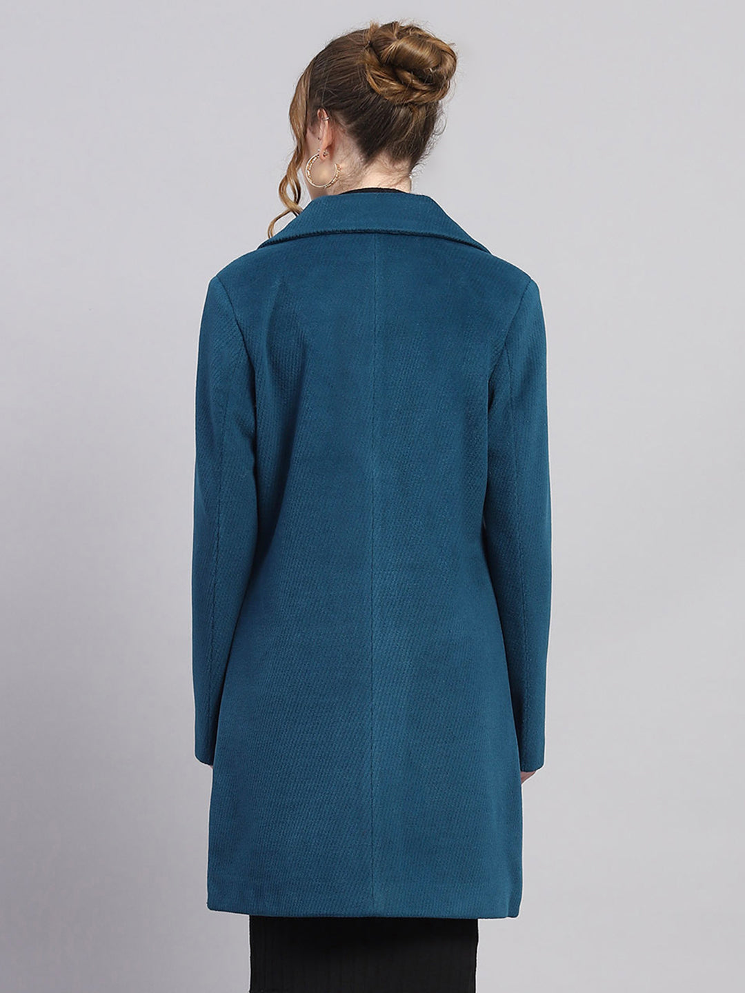 Women Teal Blue Self Design Notch lapel Collar Full Sleeve Coat