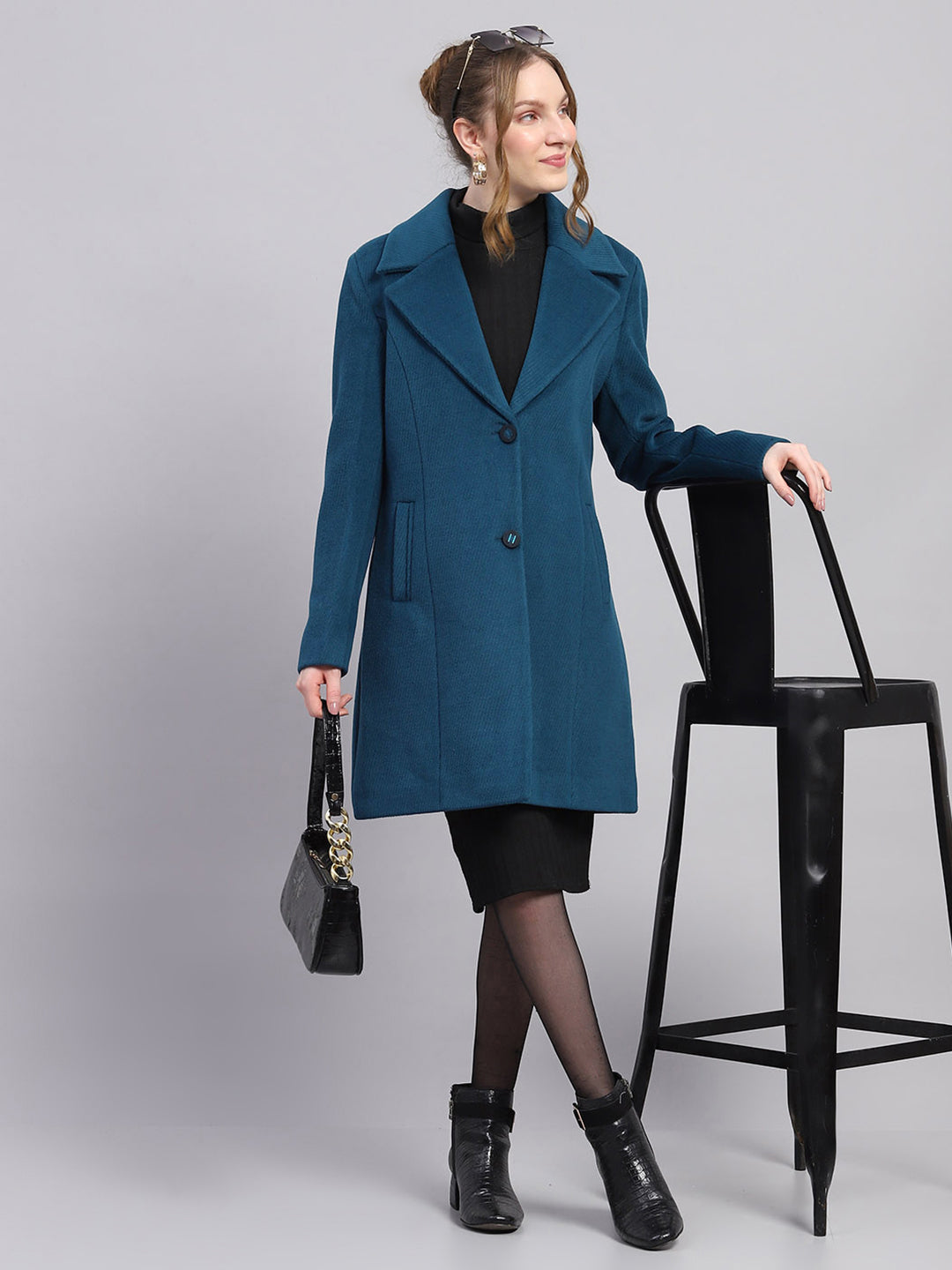 Women Teal Blue Self Design Notch lapel Collar Full Sleeve Coat