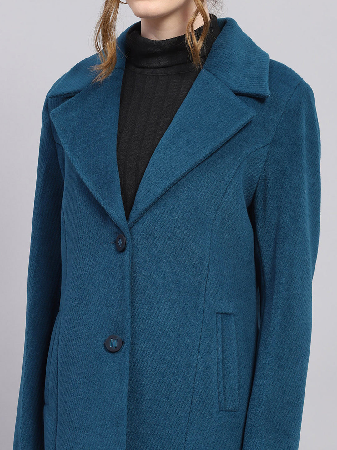 Women Teal Blue Self Design Notch lapel Collar Full Sleeve Coat