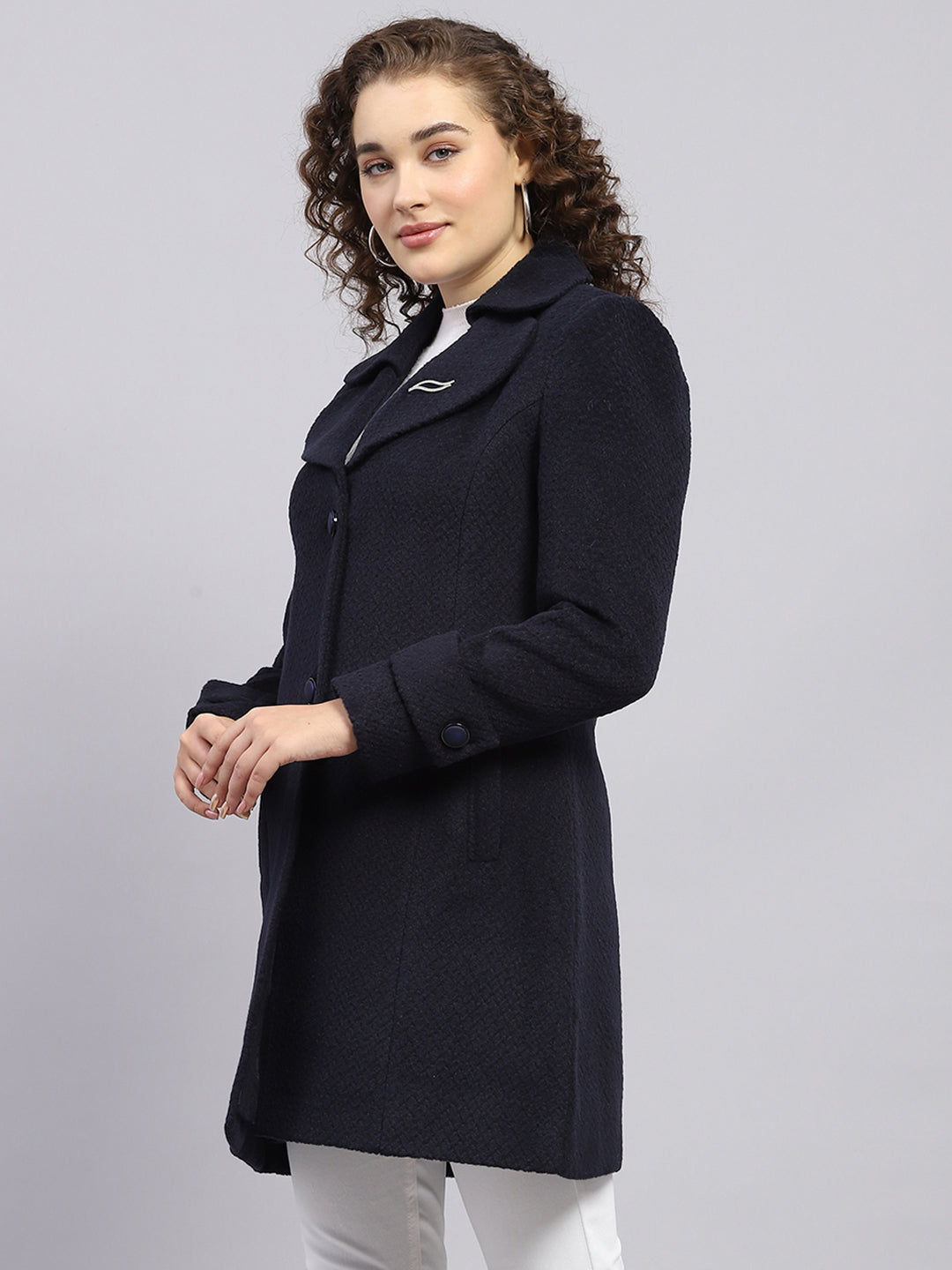 Women Navy Blue Self Design Notch lapel Collar Full Sleeve Coat