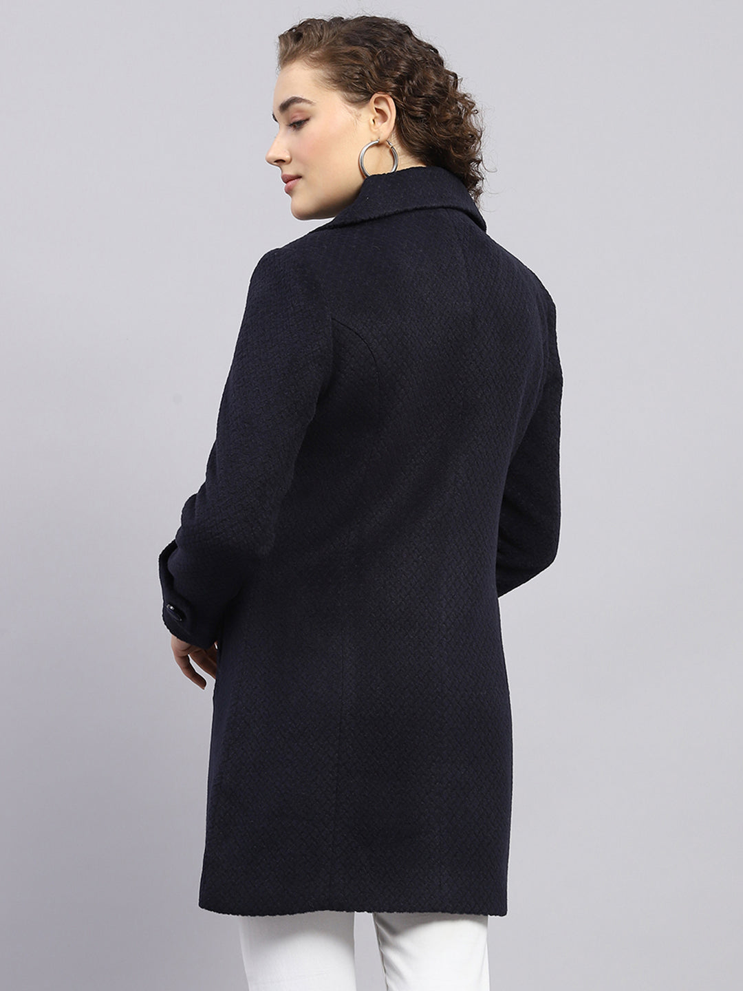 Women Navy Blue Self Design Notch lapel Collar Full Sleeve Coat