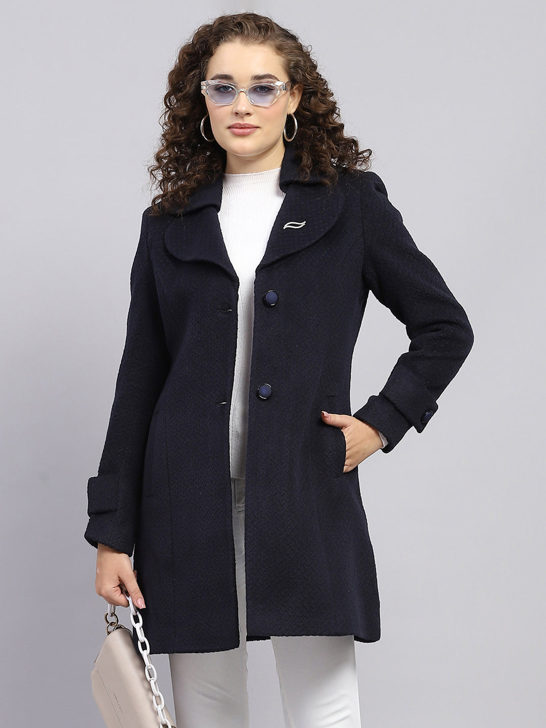 Women Navy Blue Self Design Notch lapel Collar Full Sleeve Coat