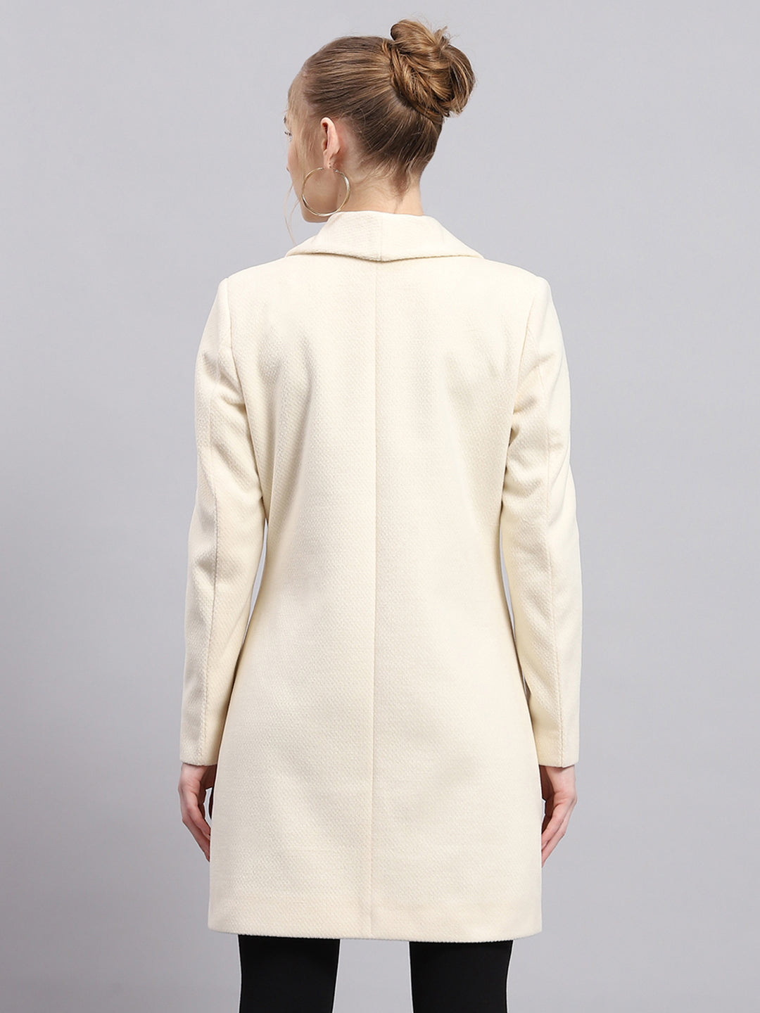 Women Cream Solid Collar Full Sleeve Coat