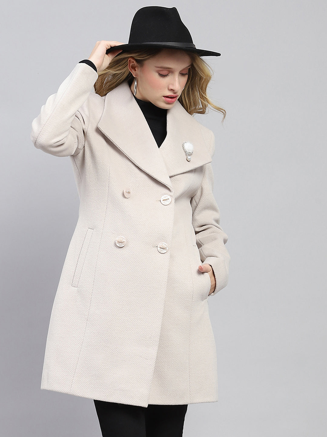 Women Cream Self Design Collar Full Sleeve Coat