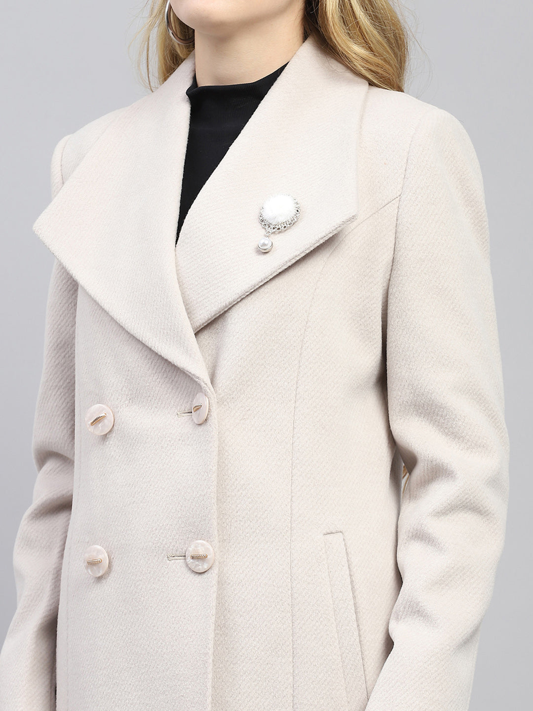 Women Cream Self Design Collar Full Sleeve Coat