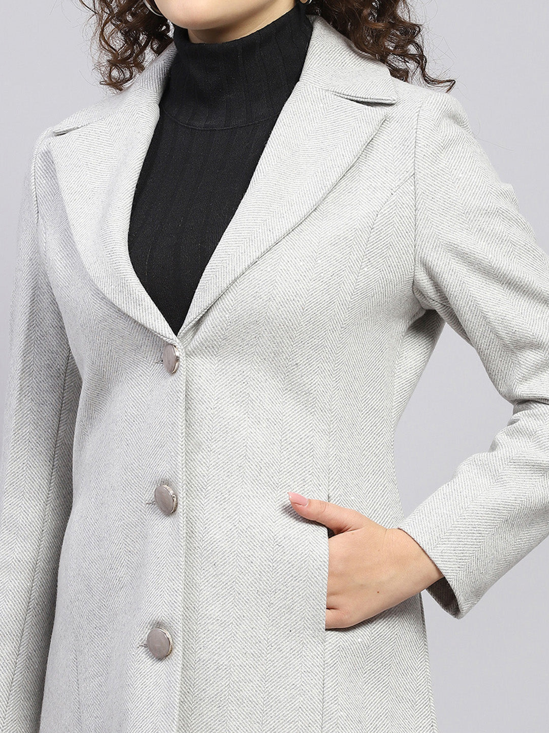 Women Grey Self Design Notch lapel Collar Full Sleeve Coat