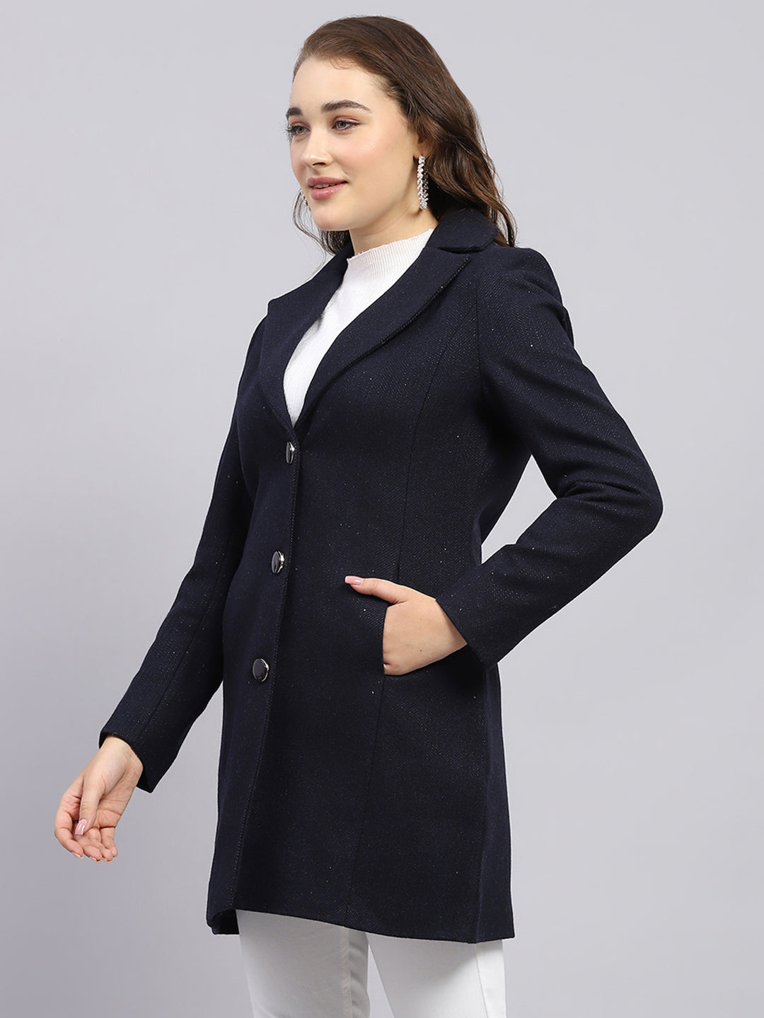 Women Navy Blue Self Design Notch lapel Collar Full Sleeve Coat