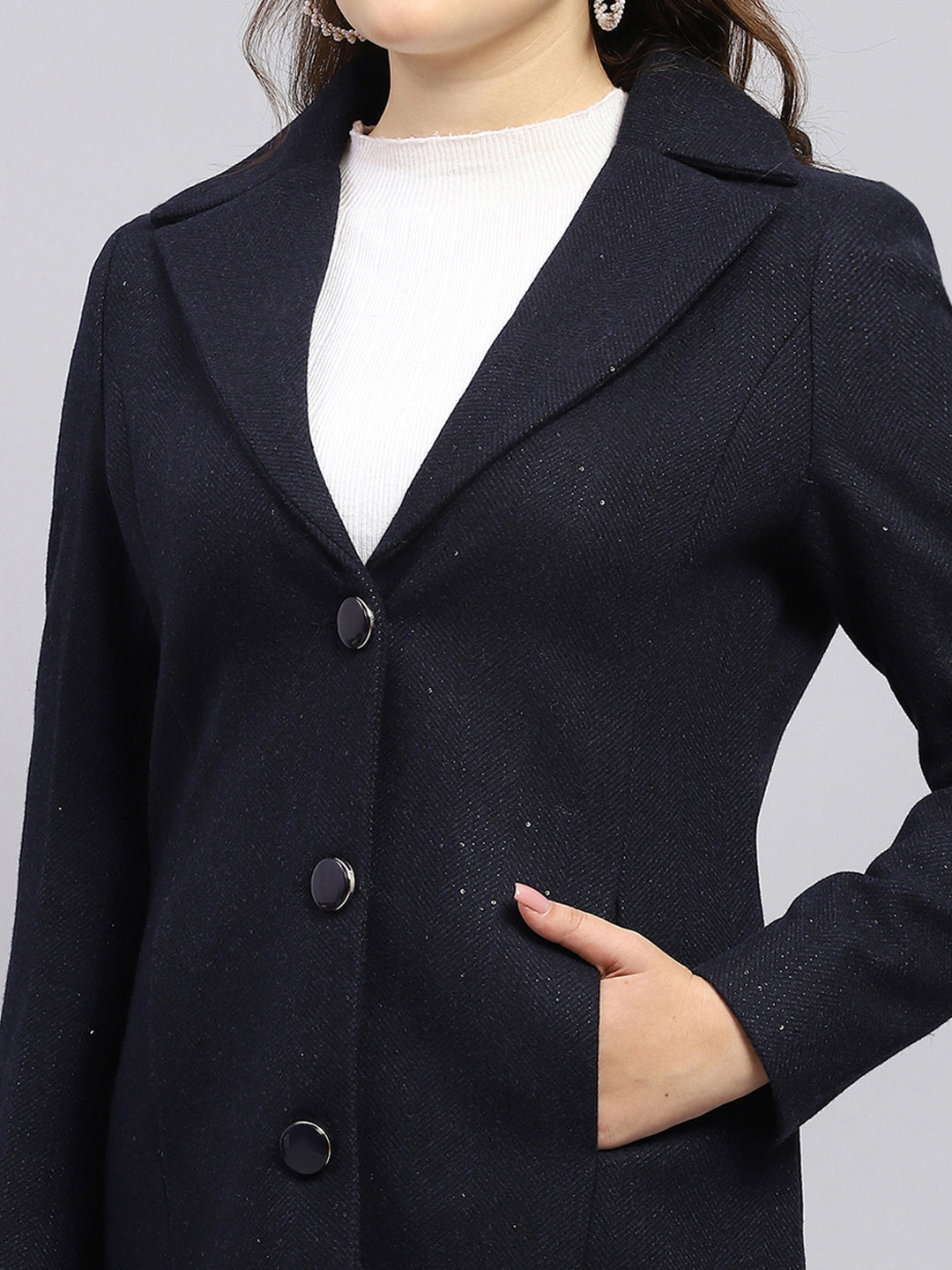 Women Navy Blue Self Design Notch lapel Collar Full Sleeve Coat