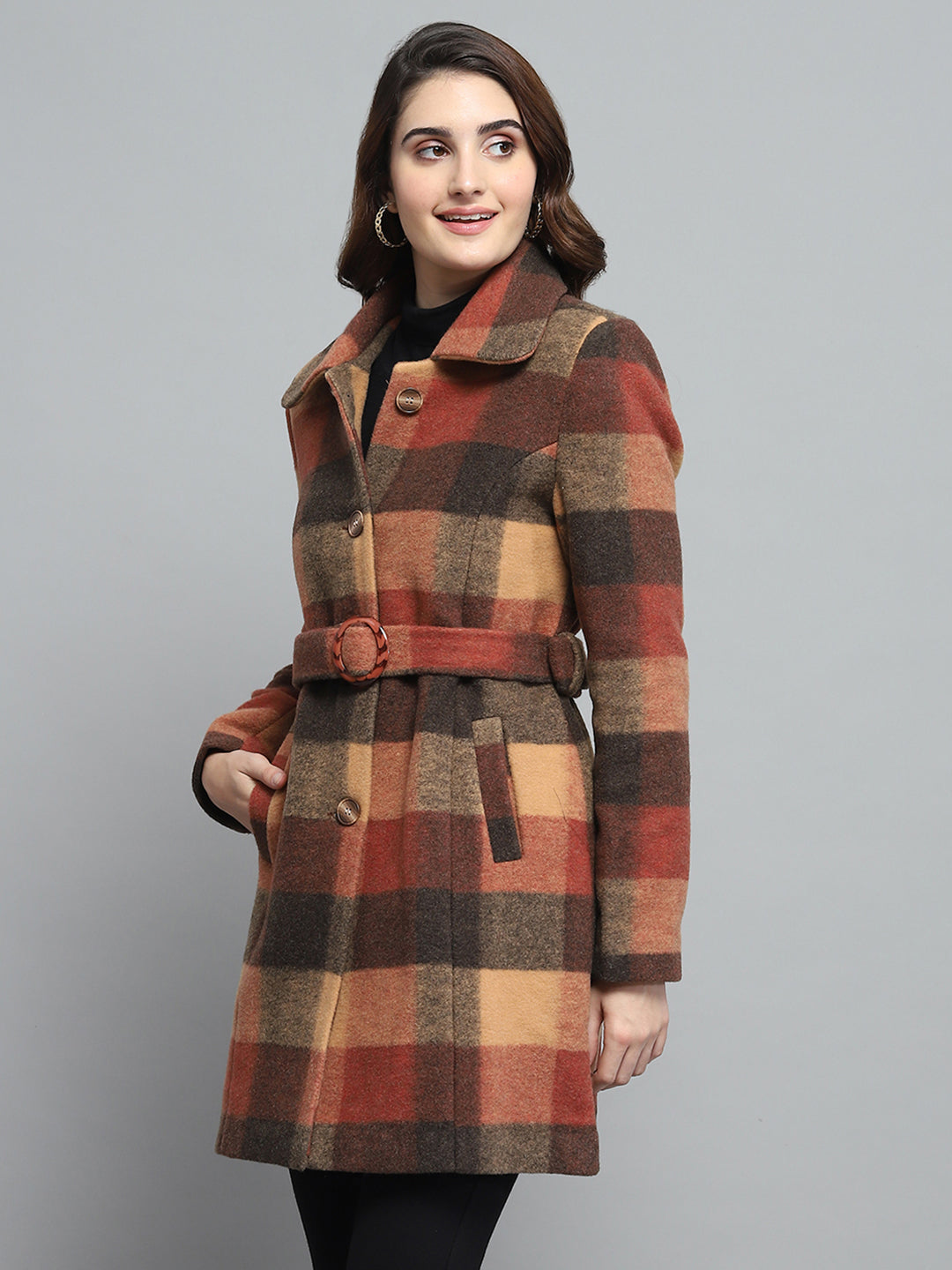 Women Rust Check Collar Full Sleeve Coat