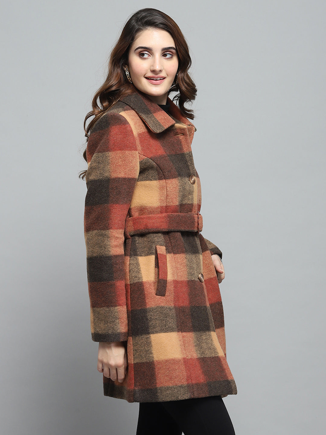 Women Rust Check Collar Full Sleeve Coat