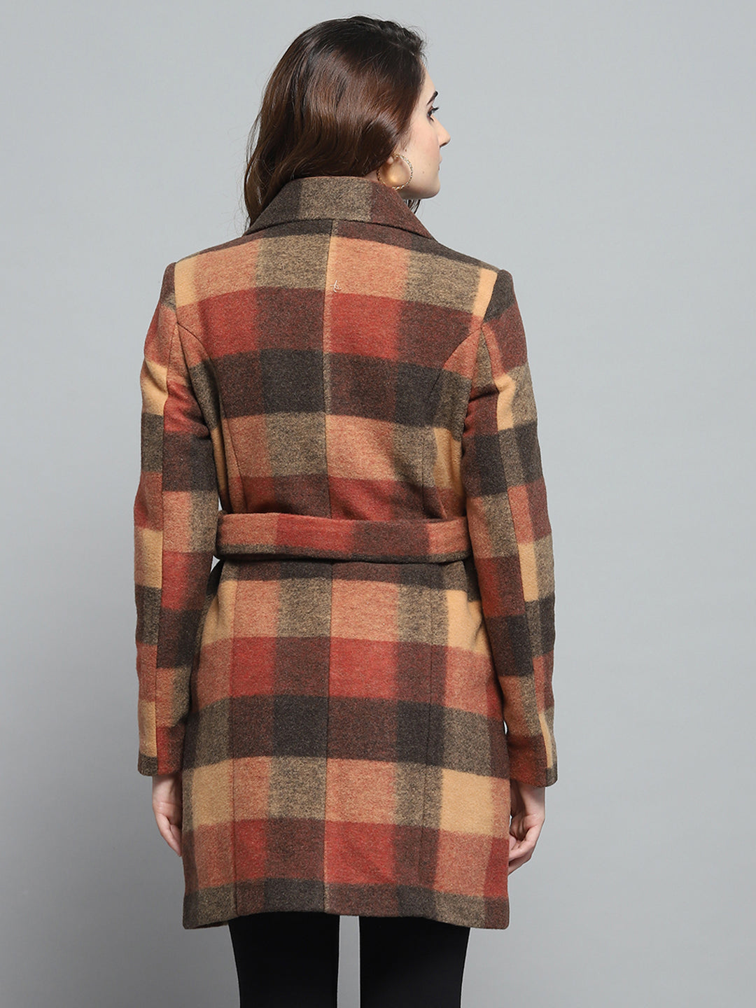 Women Rust Check Collar Full Sleeve Coat