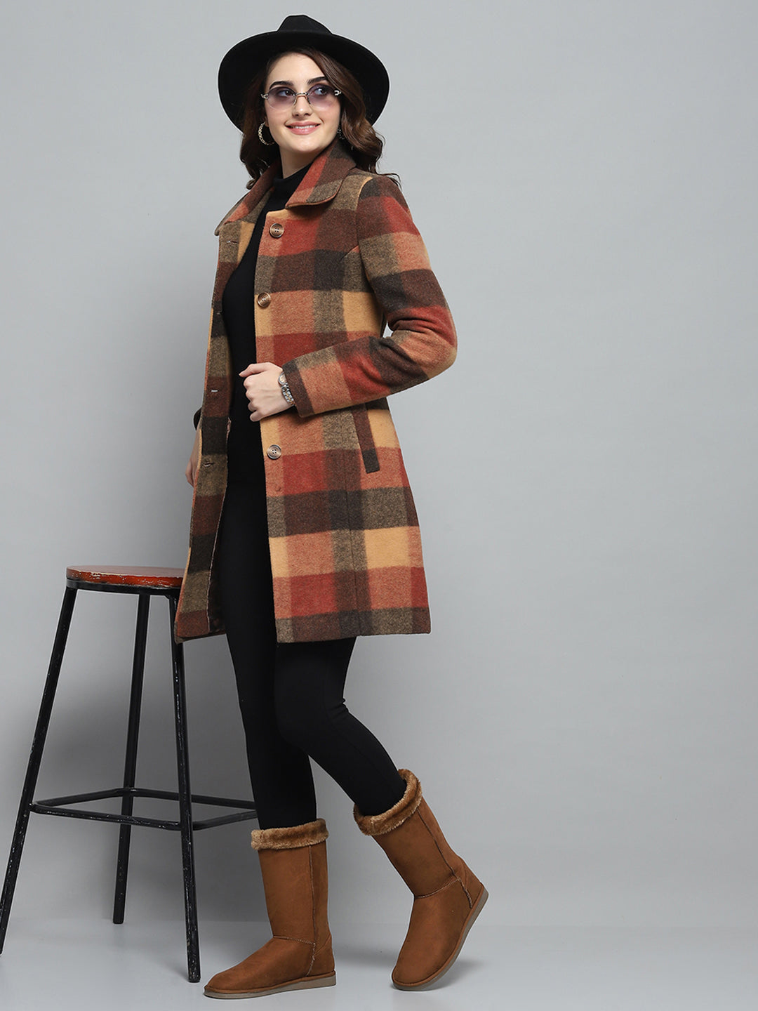 Women Rust Check Collar Full Sleeve Coat