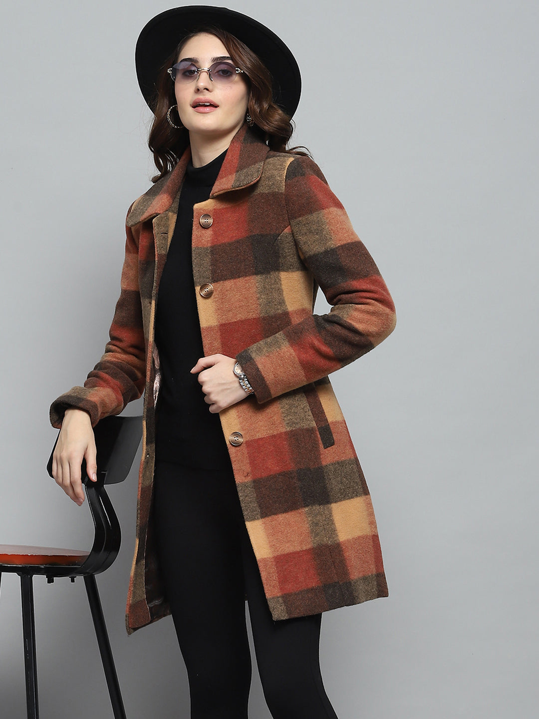 Women Rust Check Collar Full Sleeve Coat