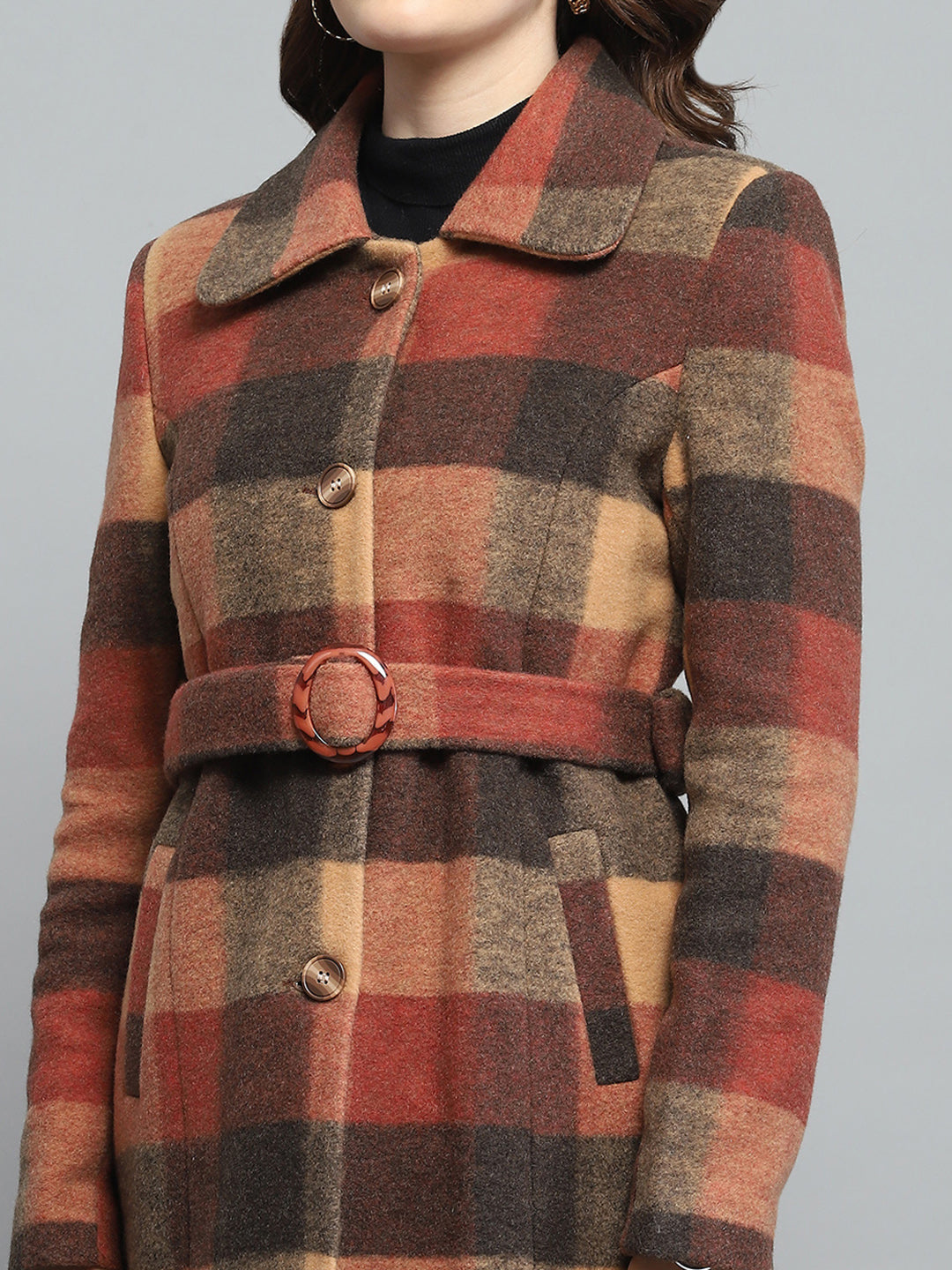 Women Rust Check Collar Full Sleeve Coat