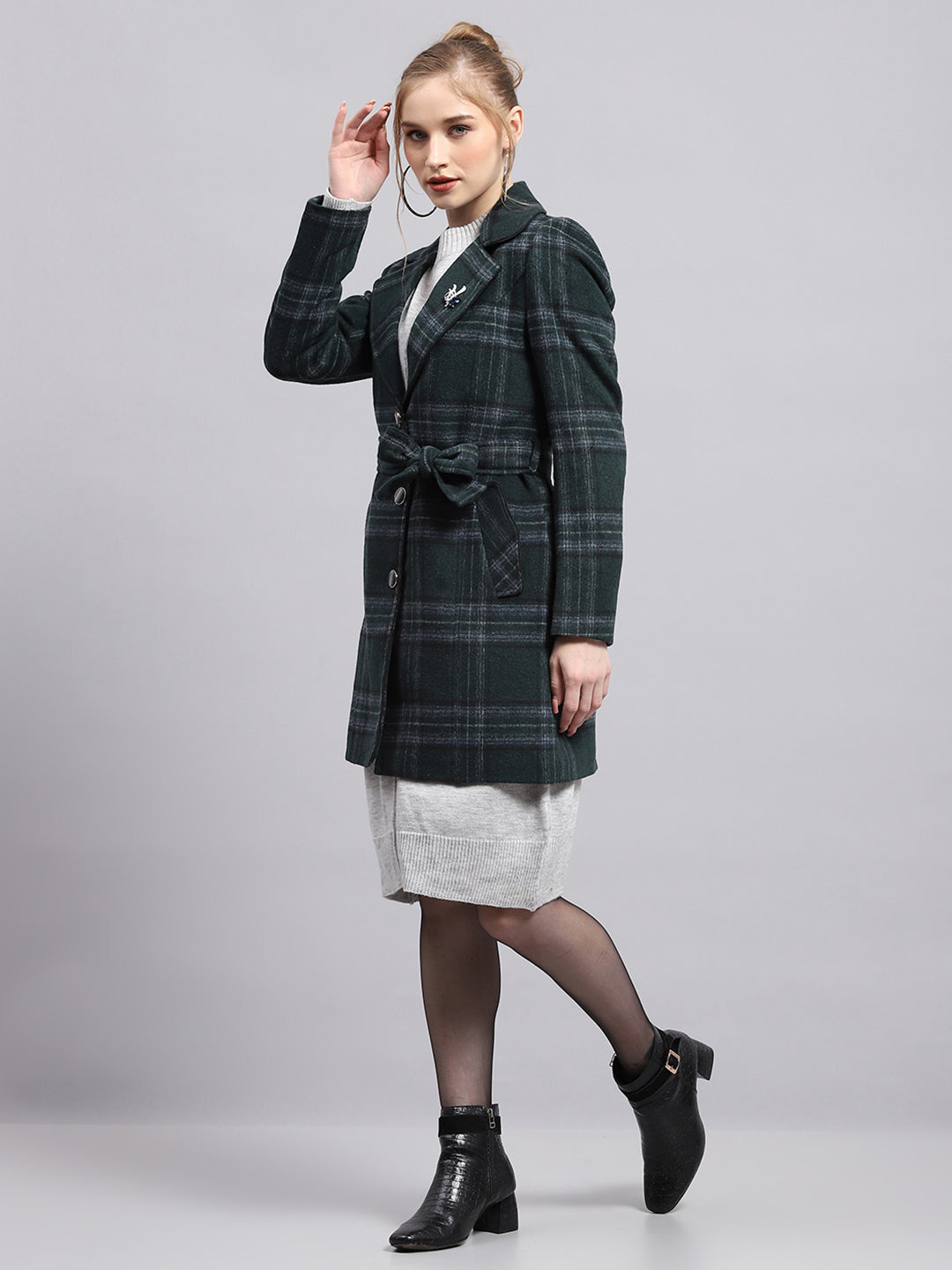 Women Green Check Collar Full Sleeve Coat