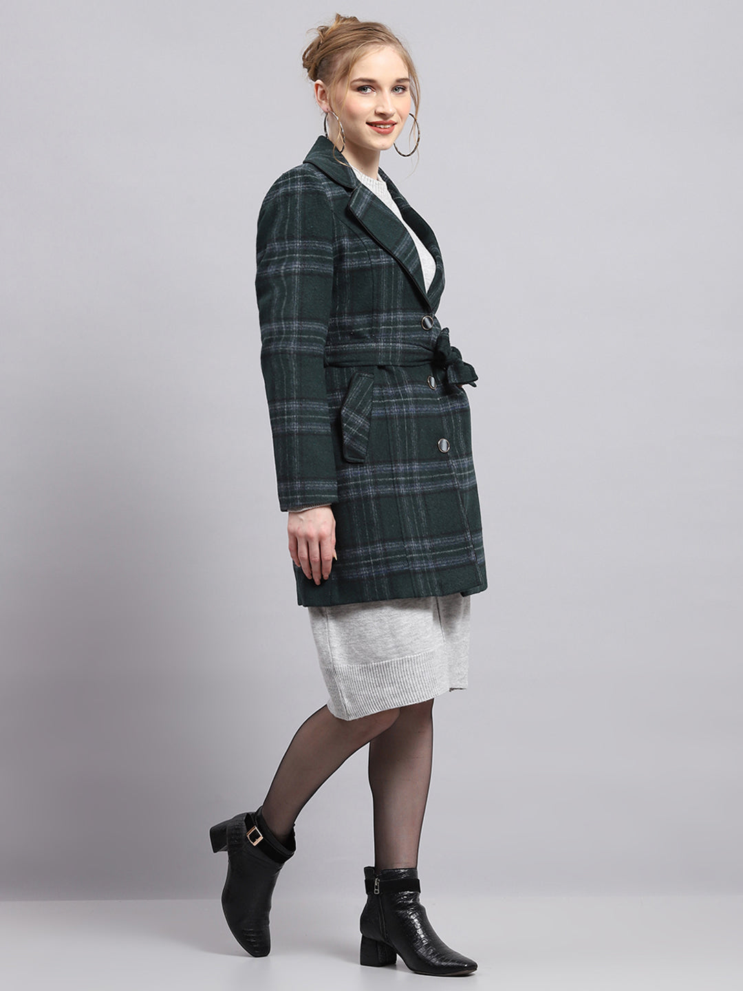 Women Green Check Collar Full Sleeve Coat