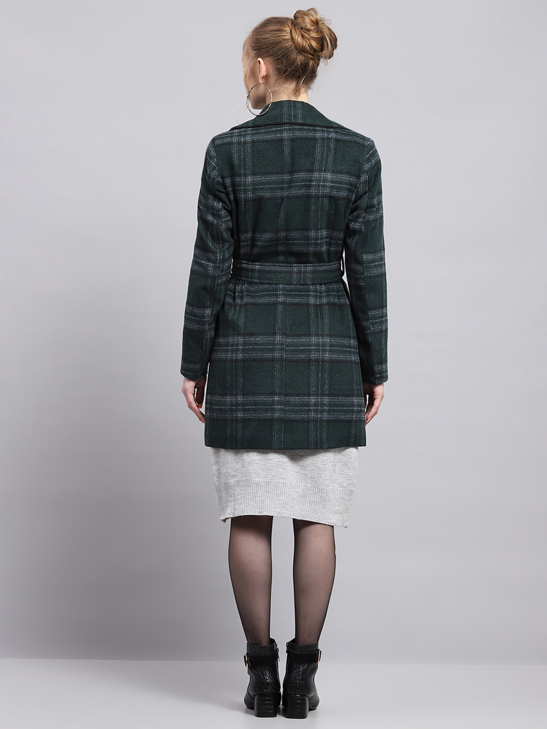 Women Green Check Collar Full Sleeve Coat