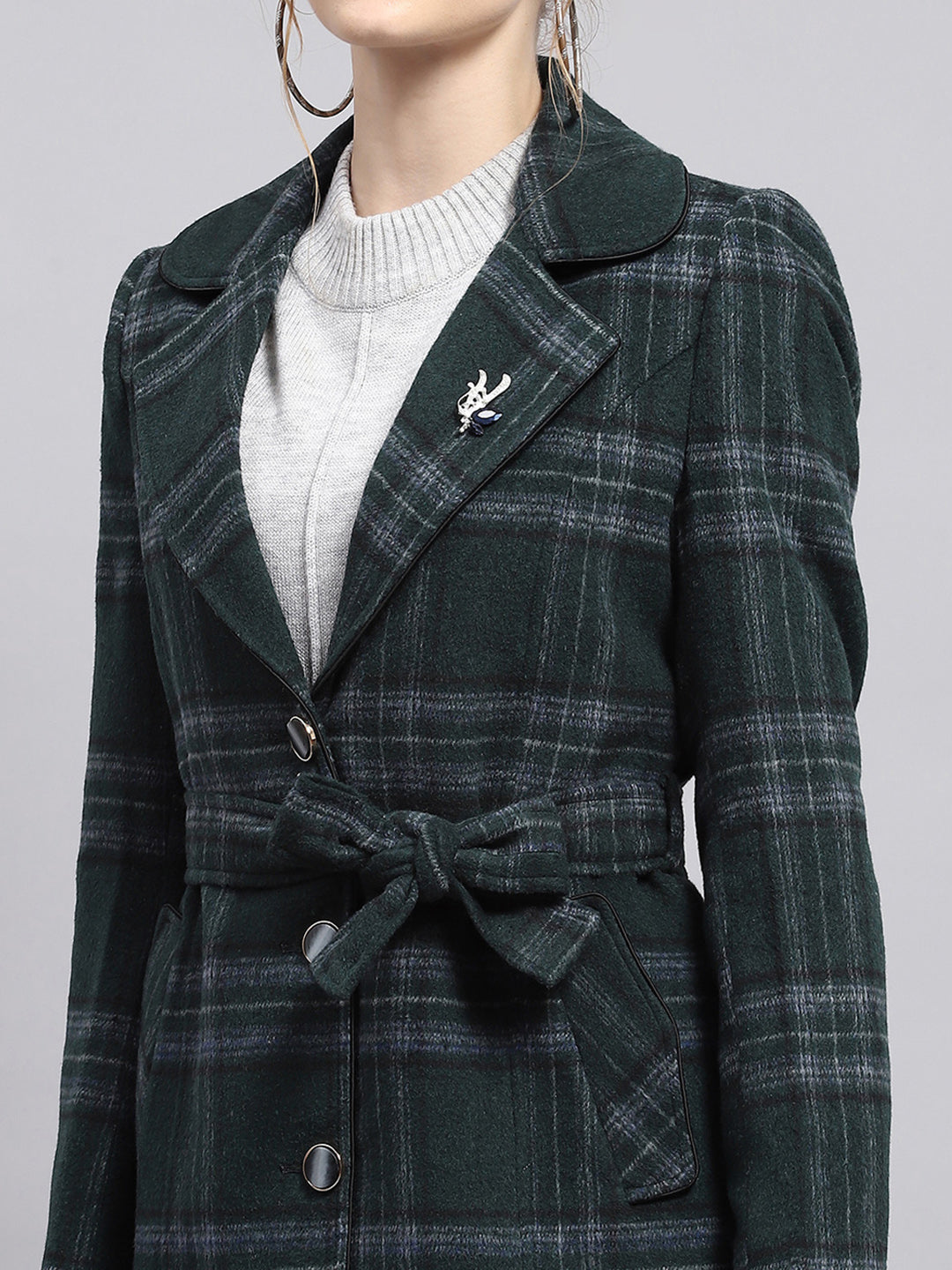 Women Green Check Collar Full Sleeve Coat