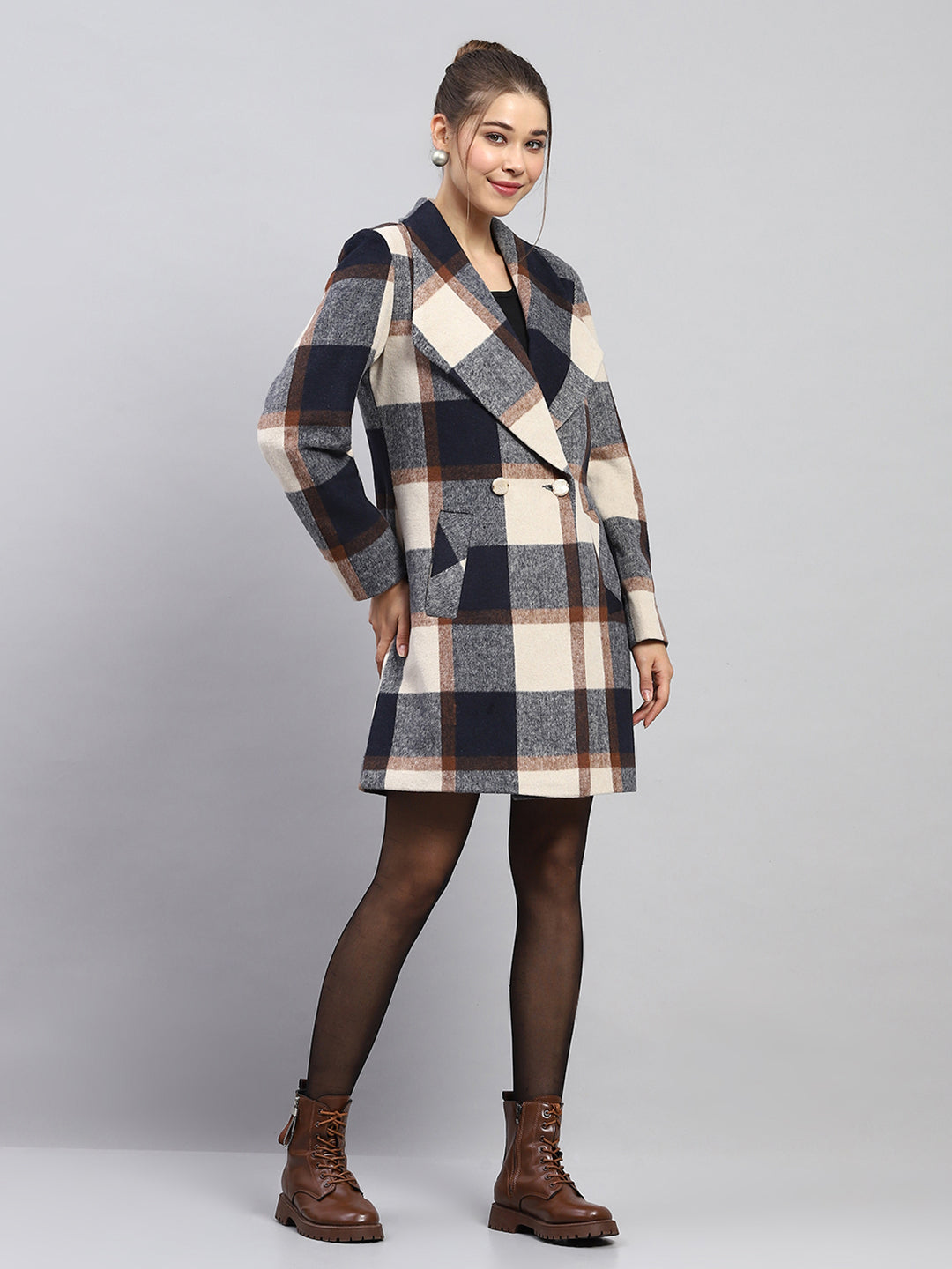 Women Navy Blue Check Notch lapel Collar Full Sleeve Coat